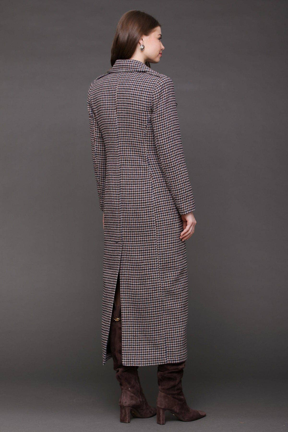 Heritage Houndstooth Maxi Coat - Grey/Navy