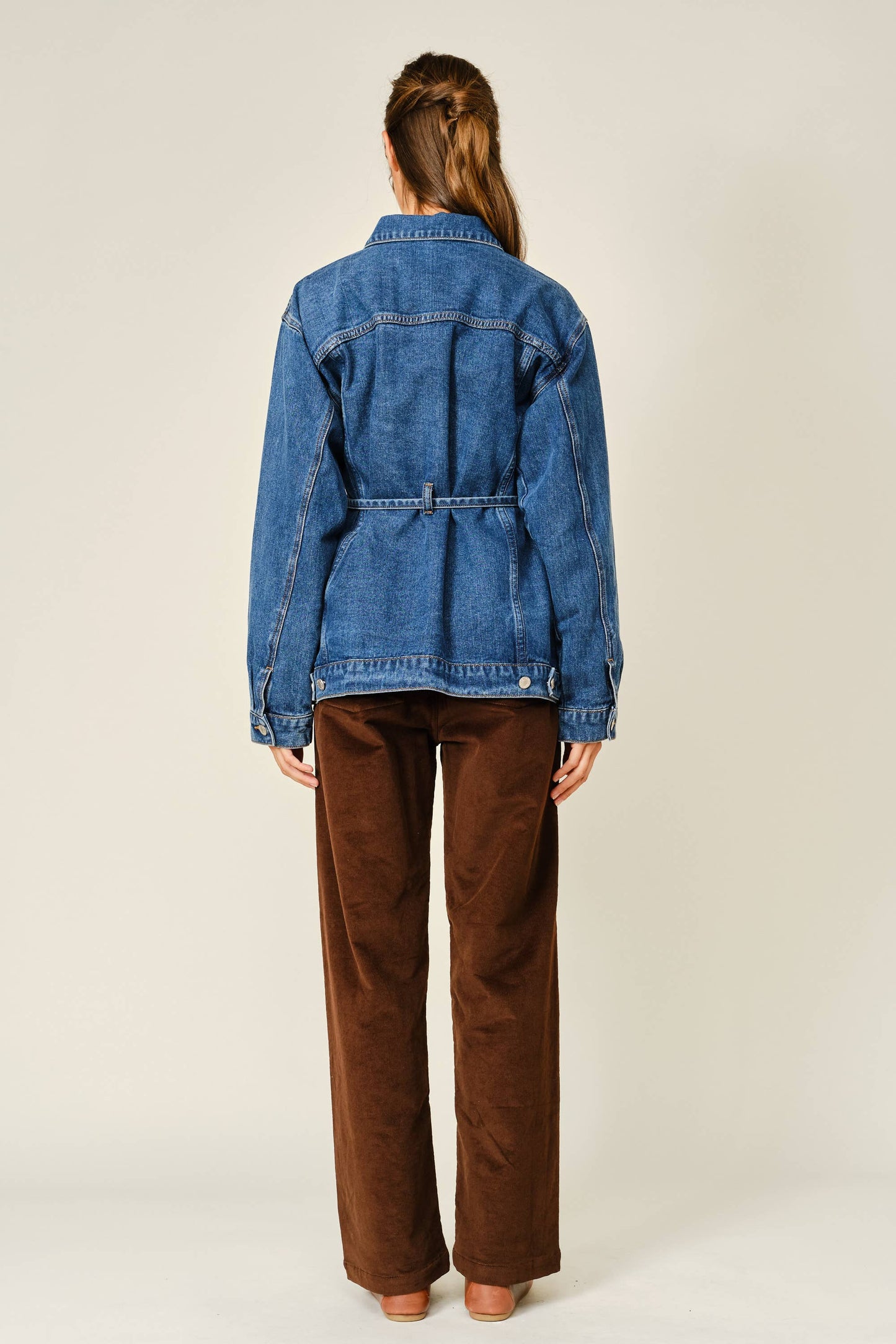 Double Placket Belted Denim Jacket ￼