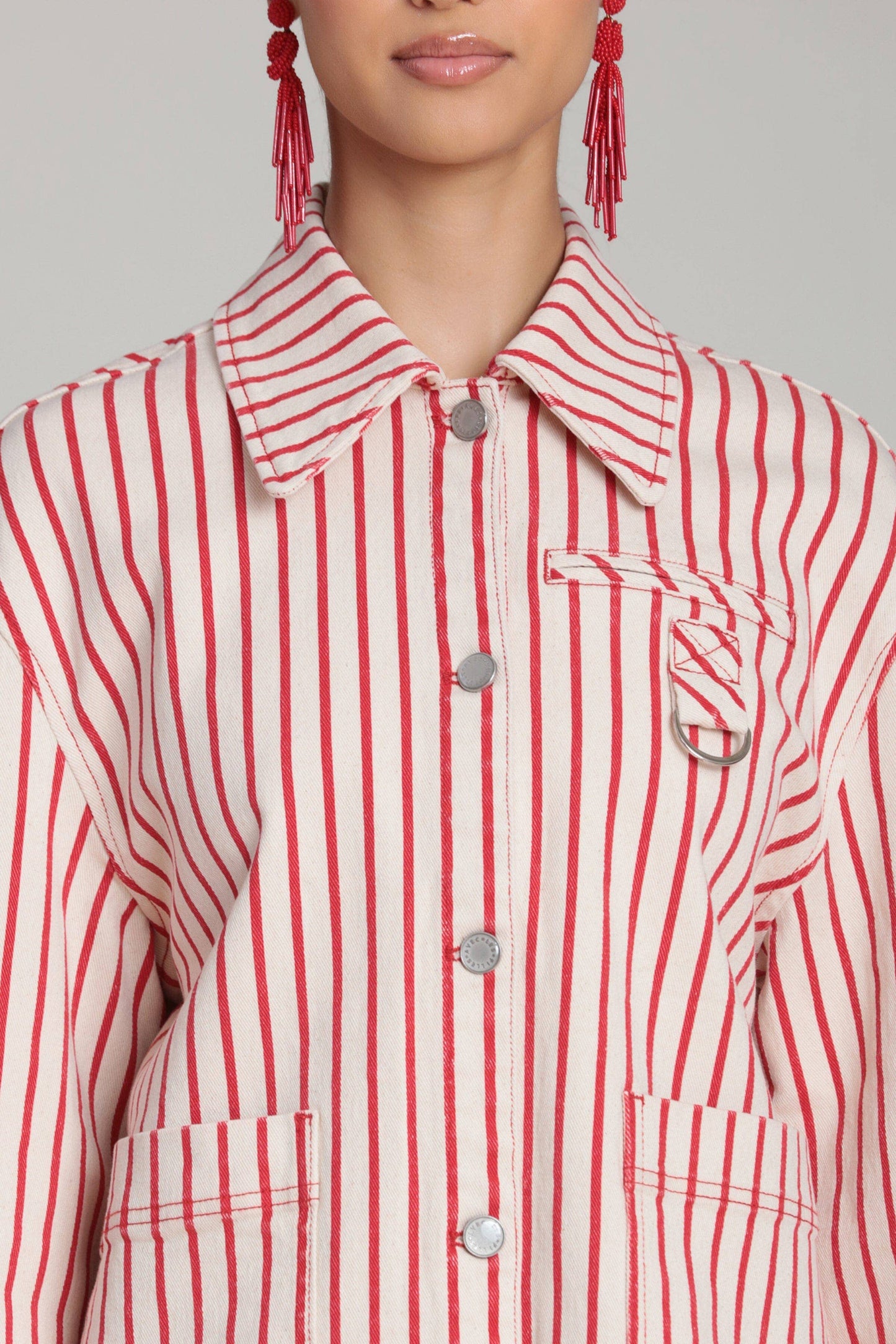 Striped Stretch Cotton Chore Jacket - Cream/Red Stripe