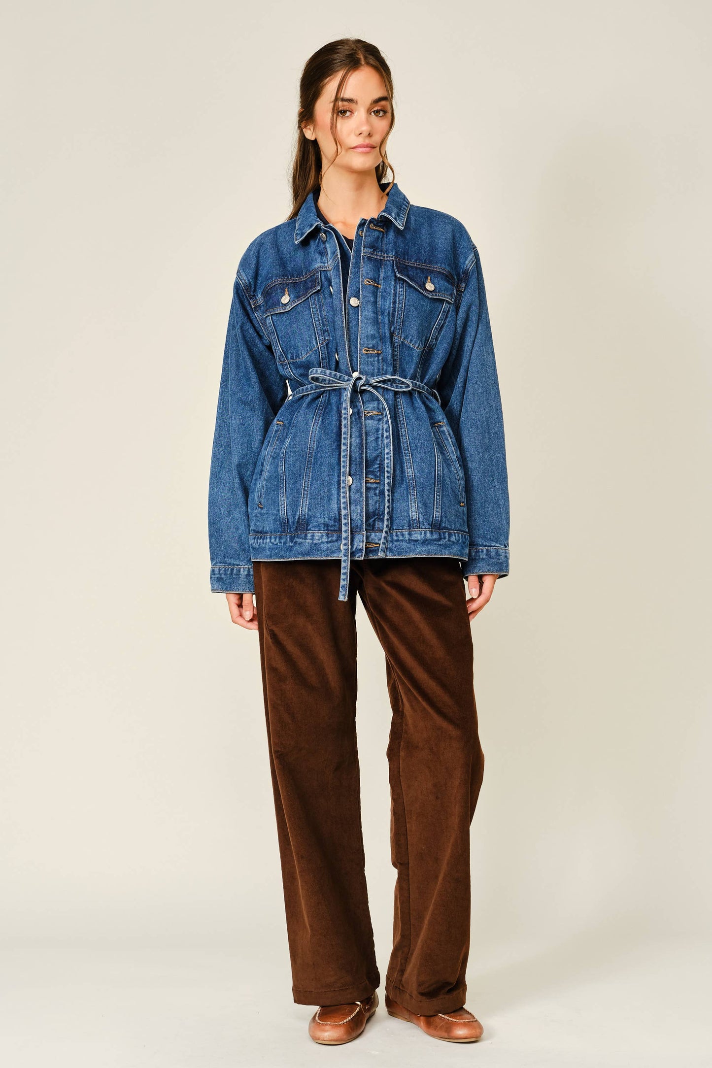 Double Placket Belted Denim Jacket ￼