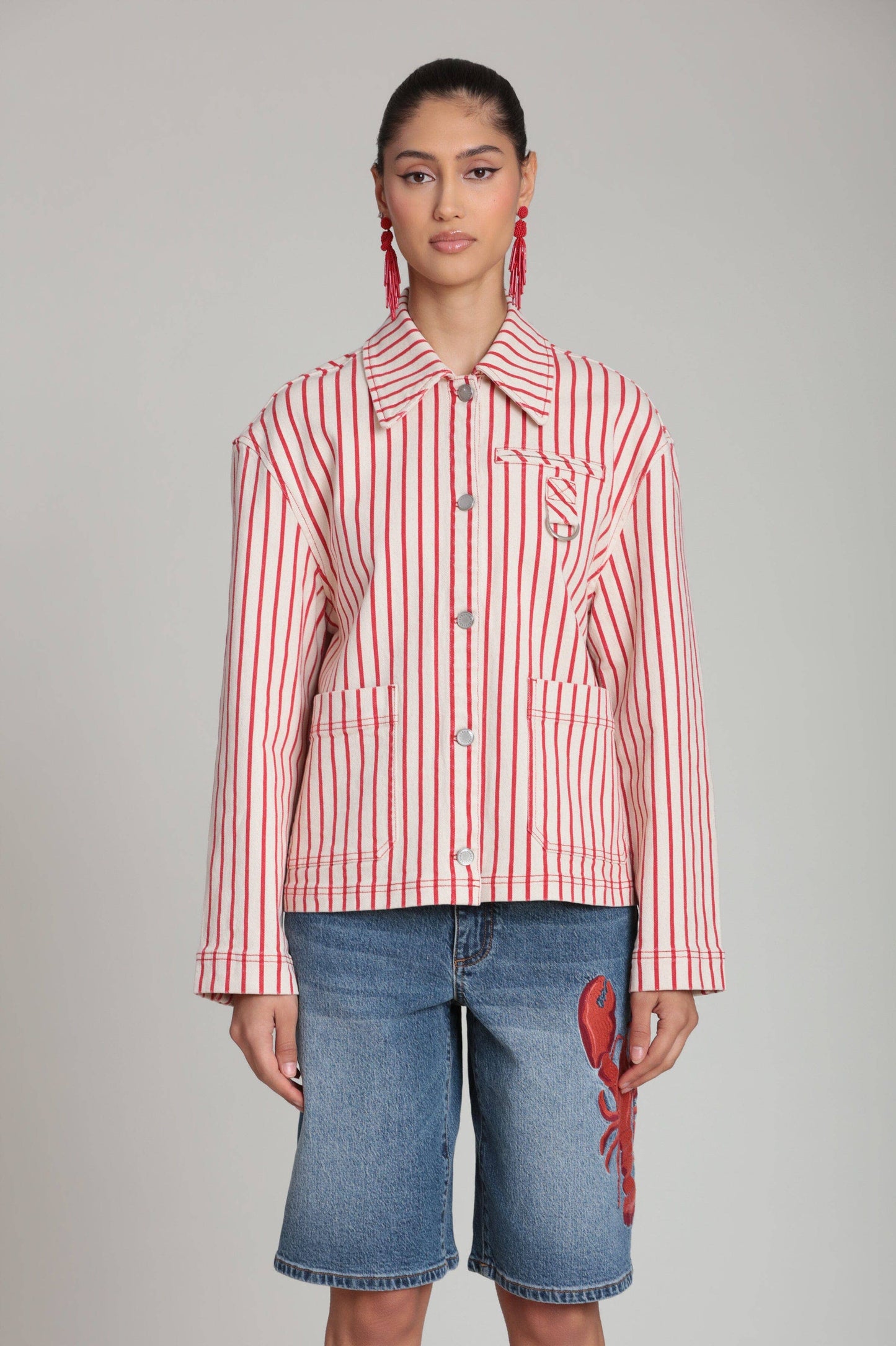 Striped Stretch Cotton Chore Jacket - Cream/Red Stripe