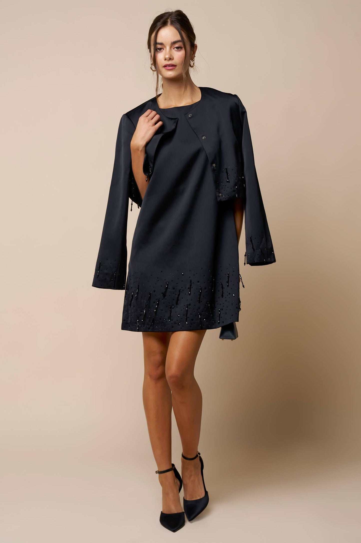 Bead Detail Satin Sleeveless Shift Dress - Black
