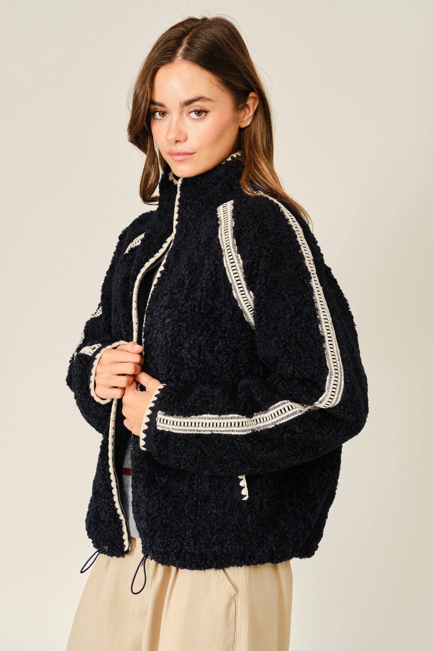 Embroidered Line Soft Teddy Fleece - Dark Navy