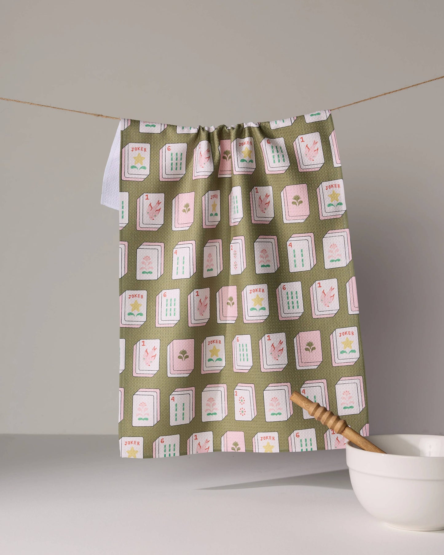 Flower Tiles Tea Towel - Mahjong - White