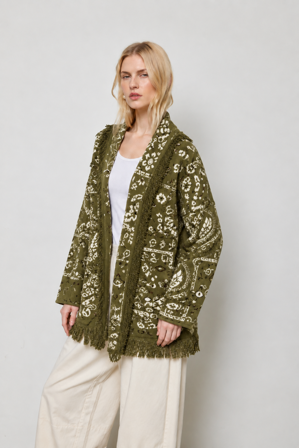 Wander Paisley Fringe Cardigan - Olive