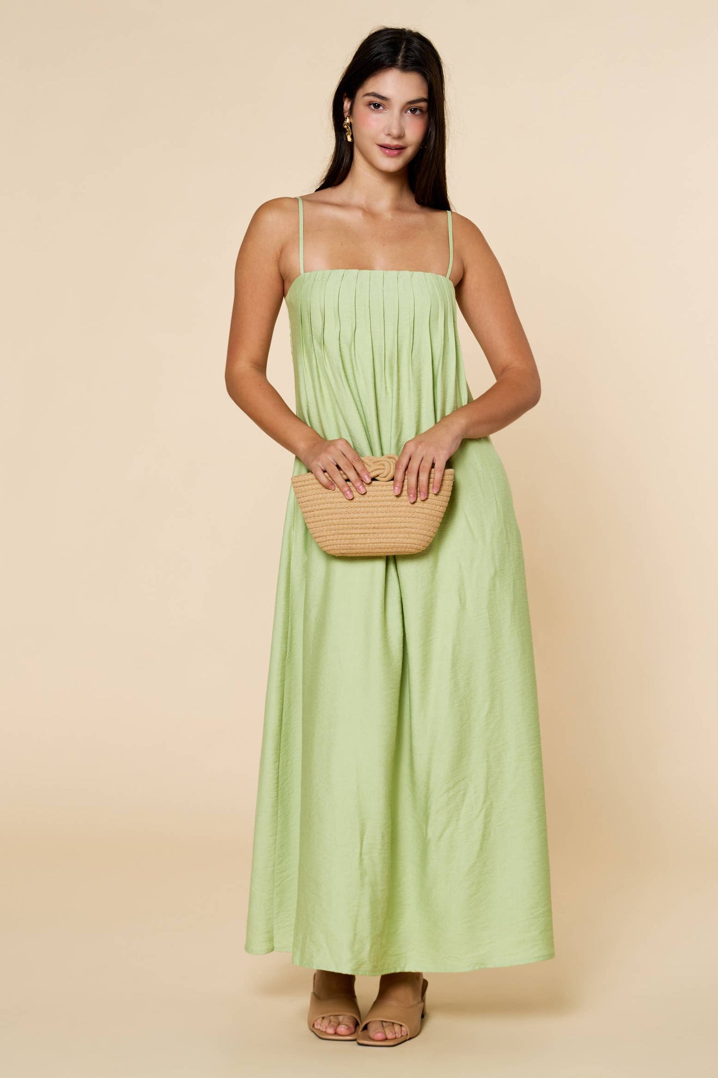 Pleated Spaghetti Straps Maxi Dress - Mint
