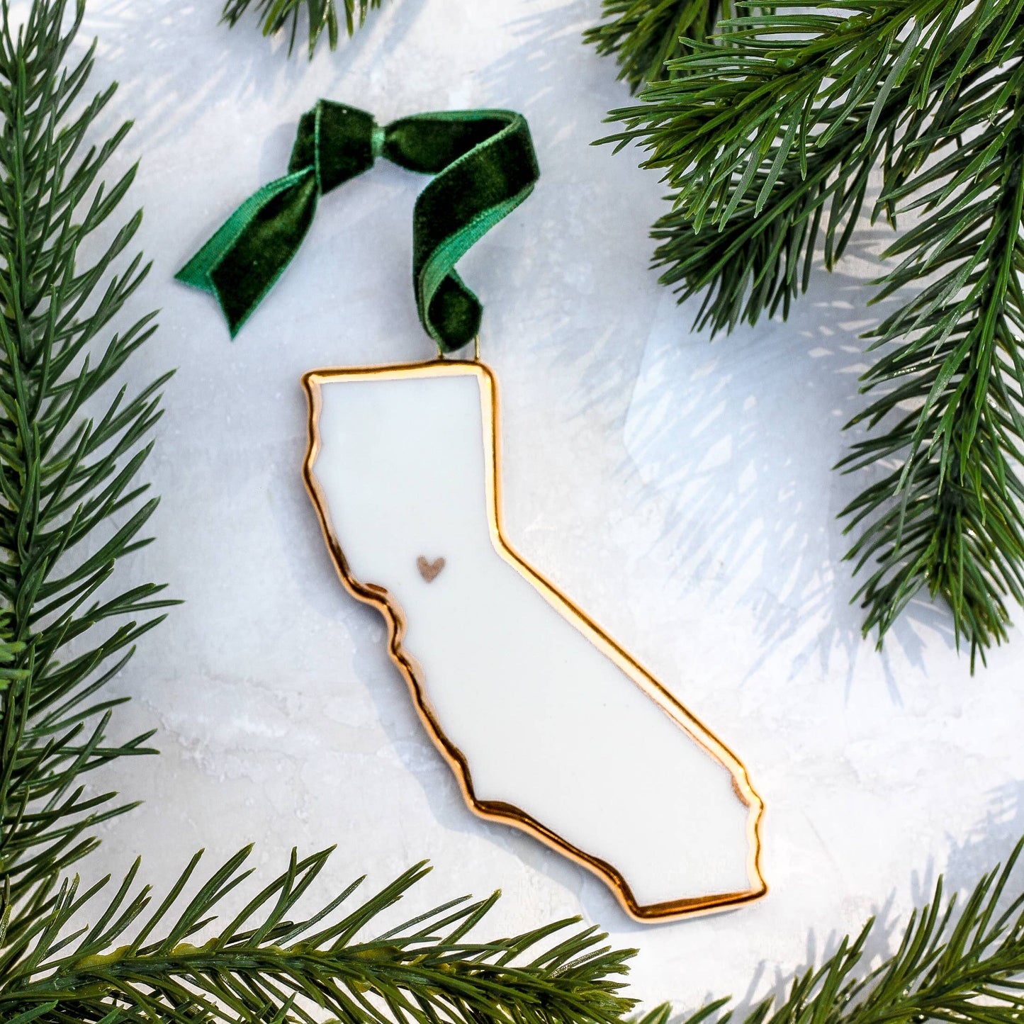Handmade Porcelain State Ornaments with Gold Heart - Green / Rhode Island