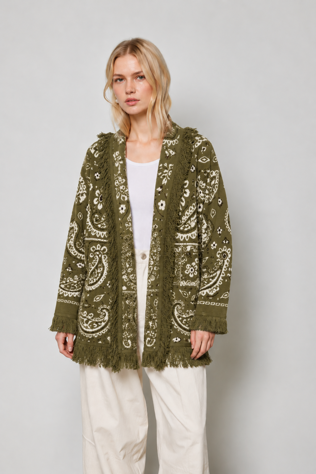 Wander Paisley Fringe Cardigan - Olive