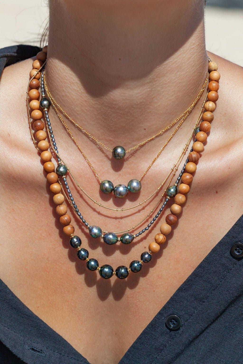 Gold Triple Floating Tahitian Pearl Necklace - 17 in