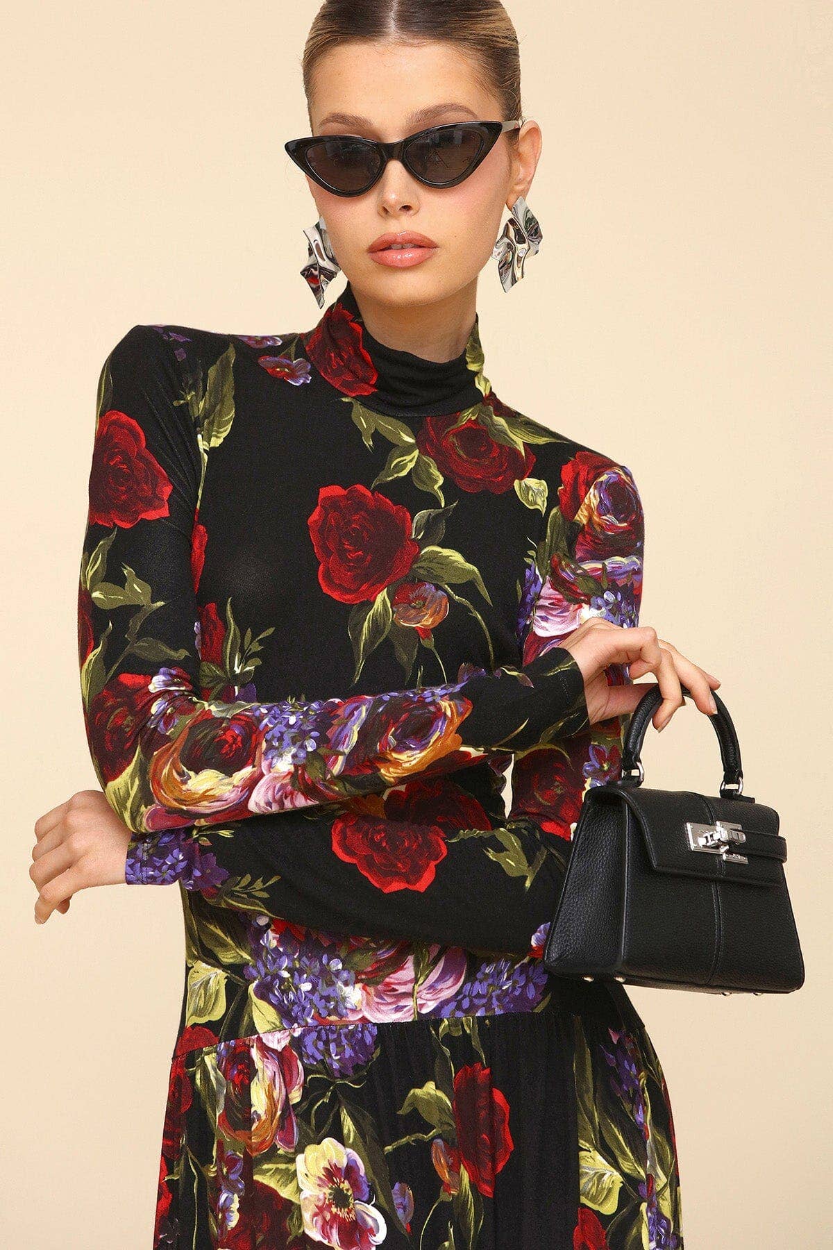 Dark Floral Drop-Waist Maxi Dress - Dark Portofino Rose