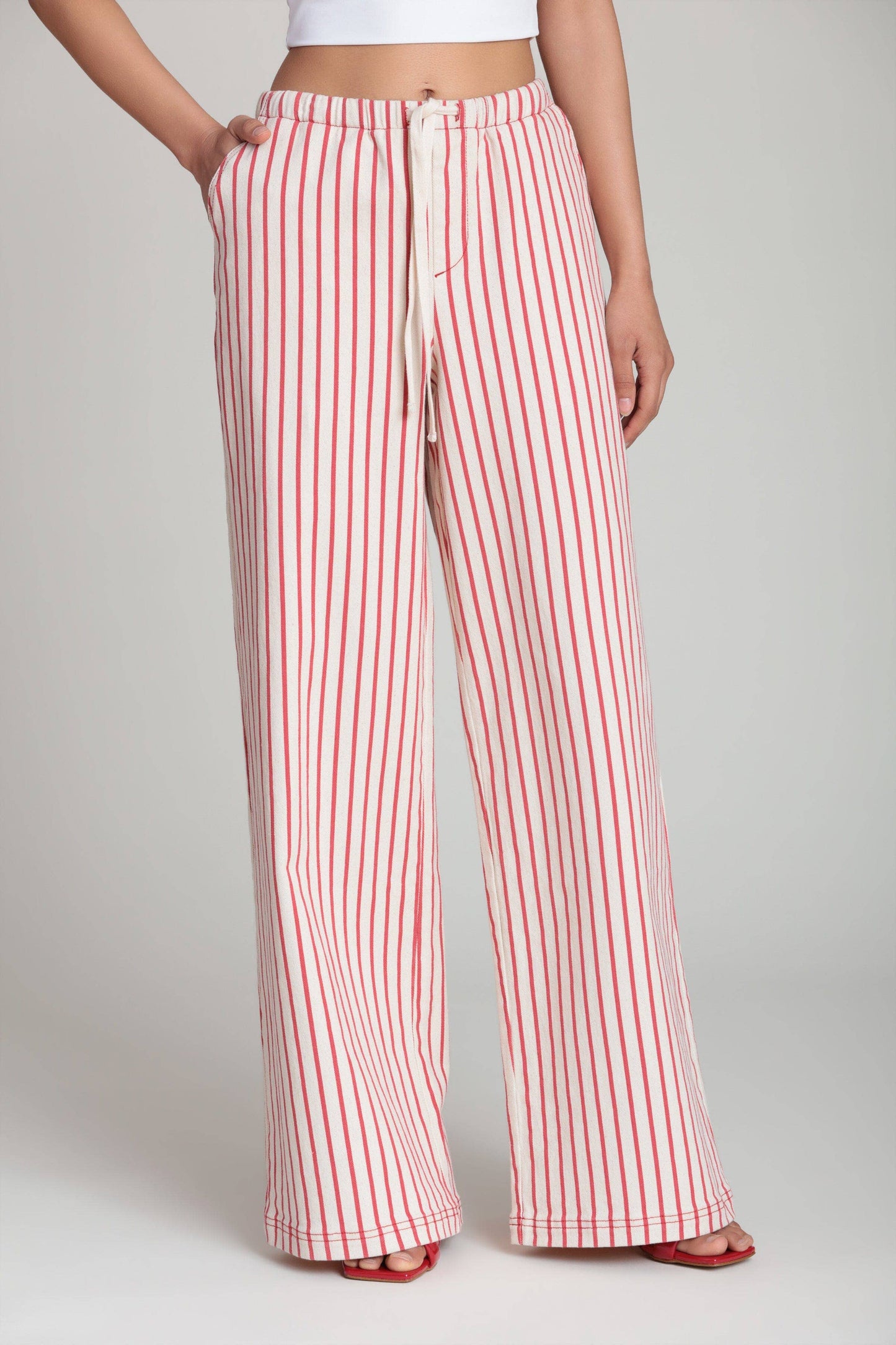 Striped Stretch Cotton Wide Leg Pants - Cream/Red Stripe