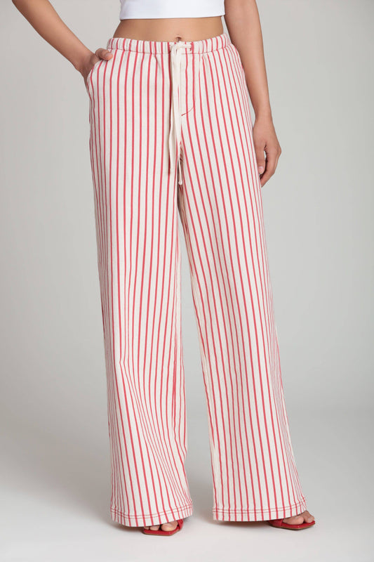 Striped Stretch Cotton Wide Leg Pants - Cream/Red Stripe