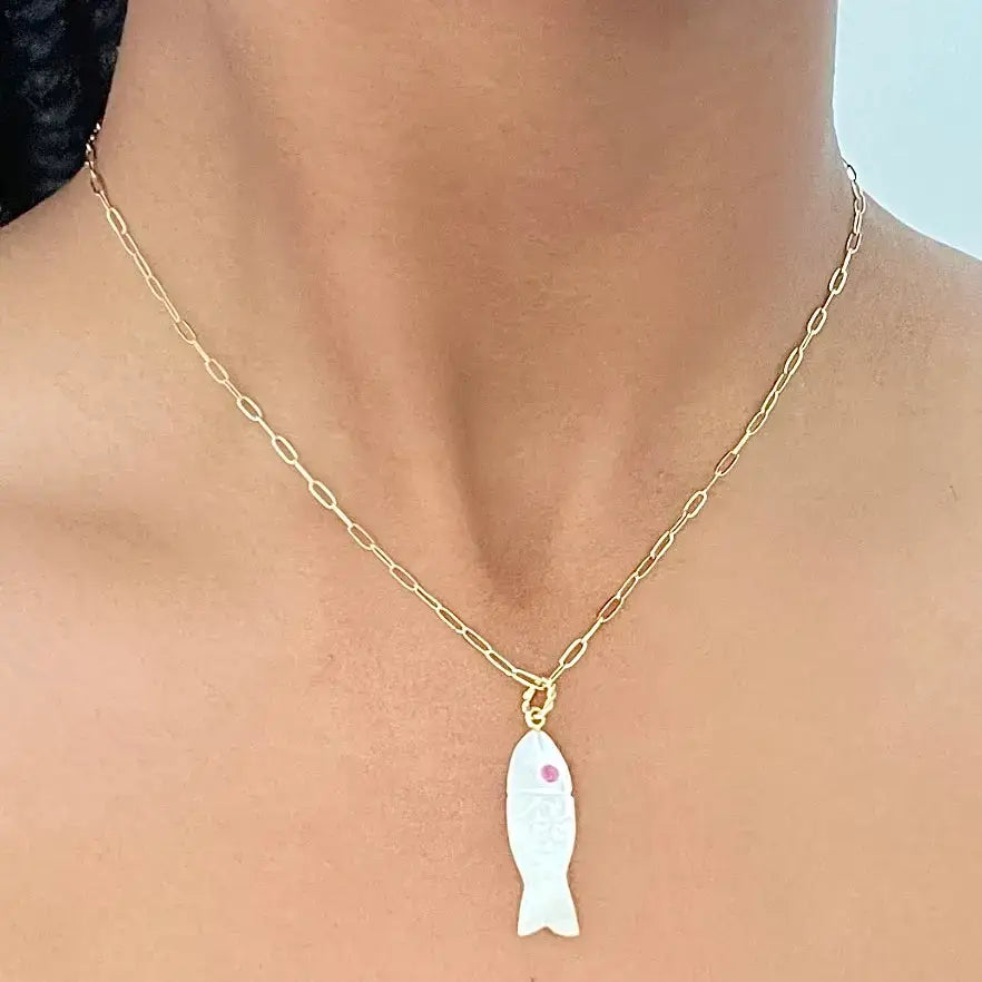 Natural Stone Fish Charm Necklace-Blue Chalcedony