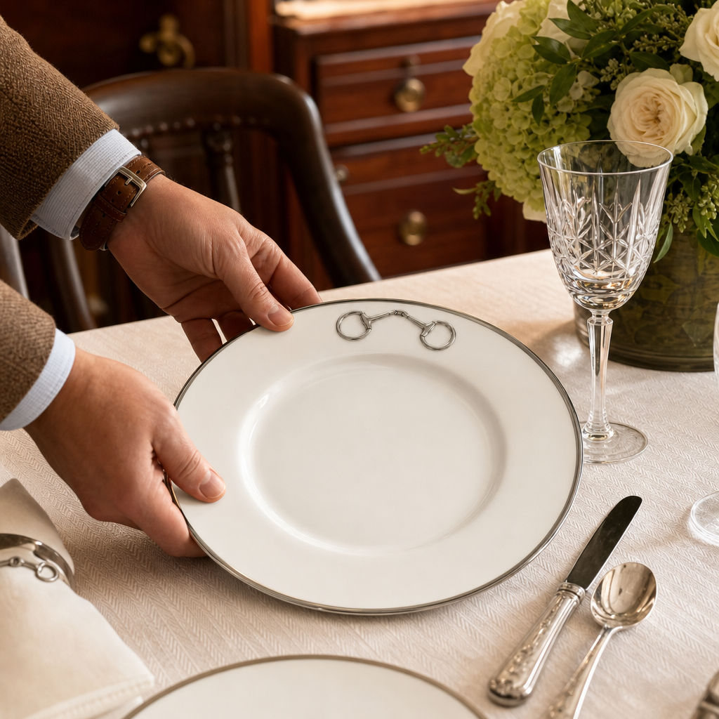Pewter Bit Bone China Round Dinner Plate Platinum Rim