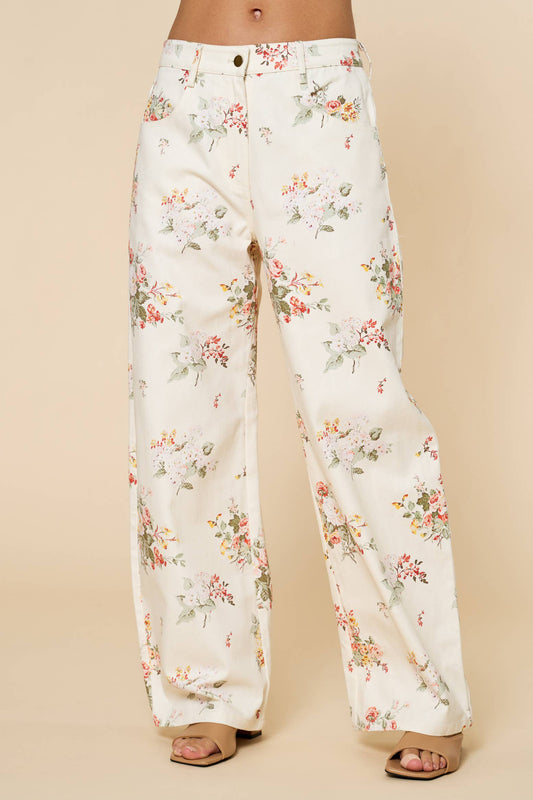 Floral Wide Pants - Cream