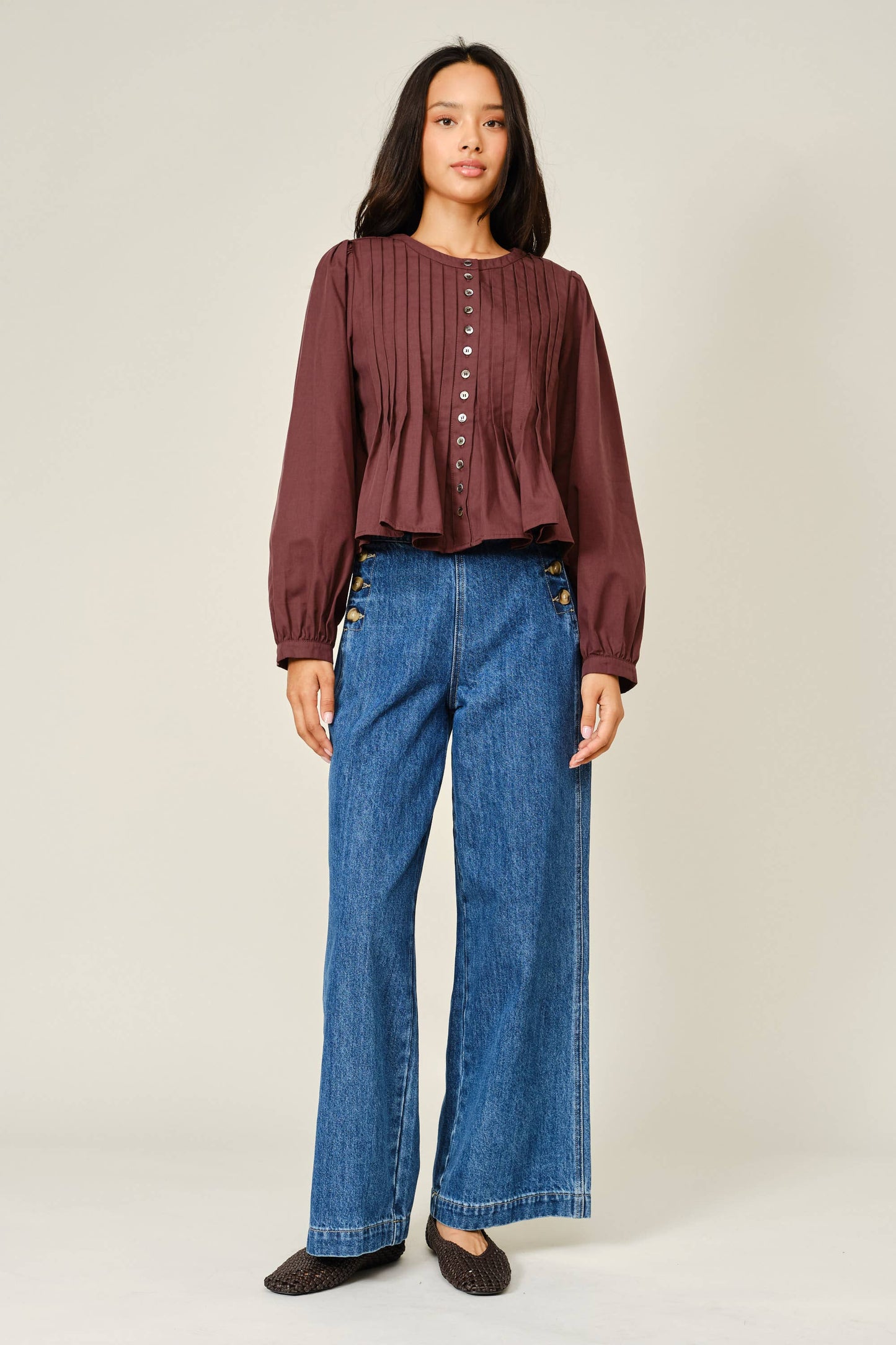 Side Button Detail Wide Leg Jeans