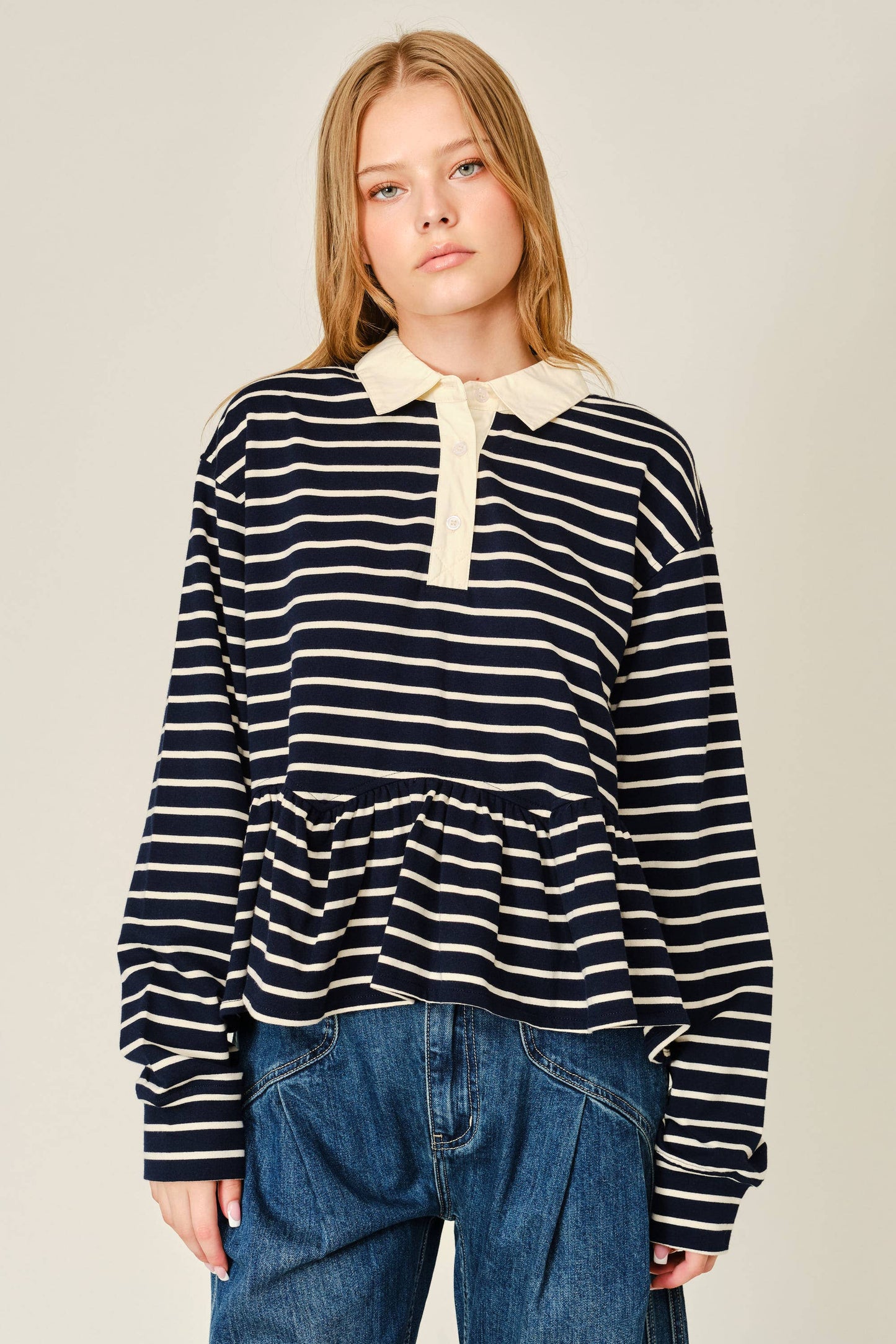 Flare Polo Sweatshirt Navy Stripes