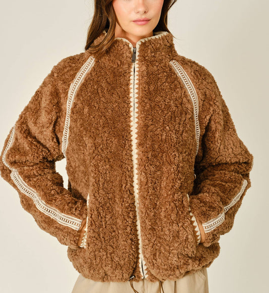 Embroidered Line Soft Teddy Fleece - Camel