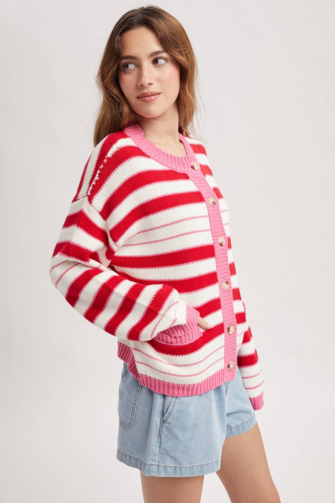 Striped Cotton Cardigan - Pink/Red