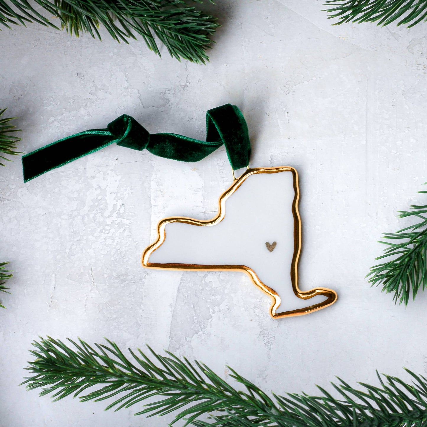 Handmade Porcelain State Ornaments with Gold Heart - Green / Rhode Island