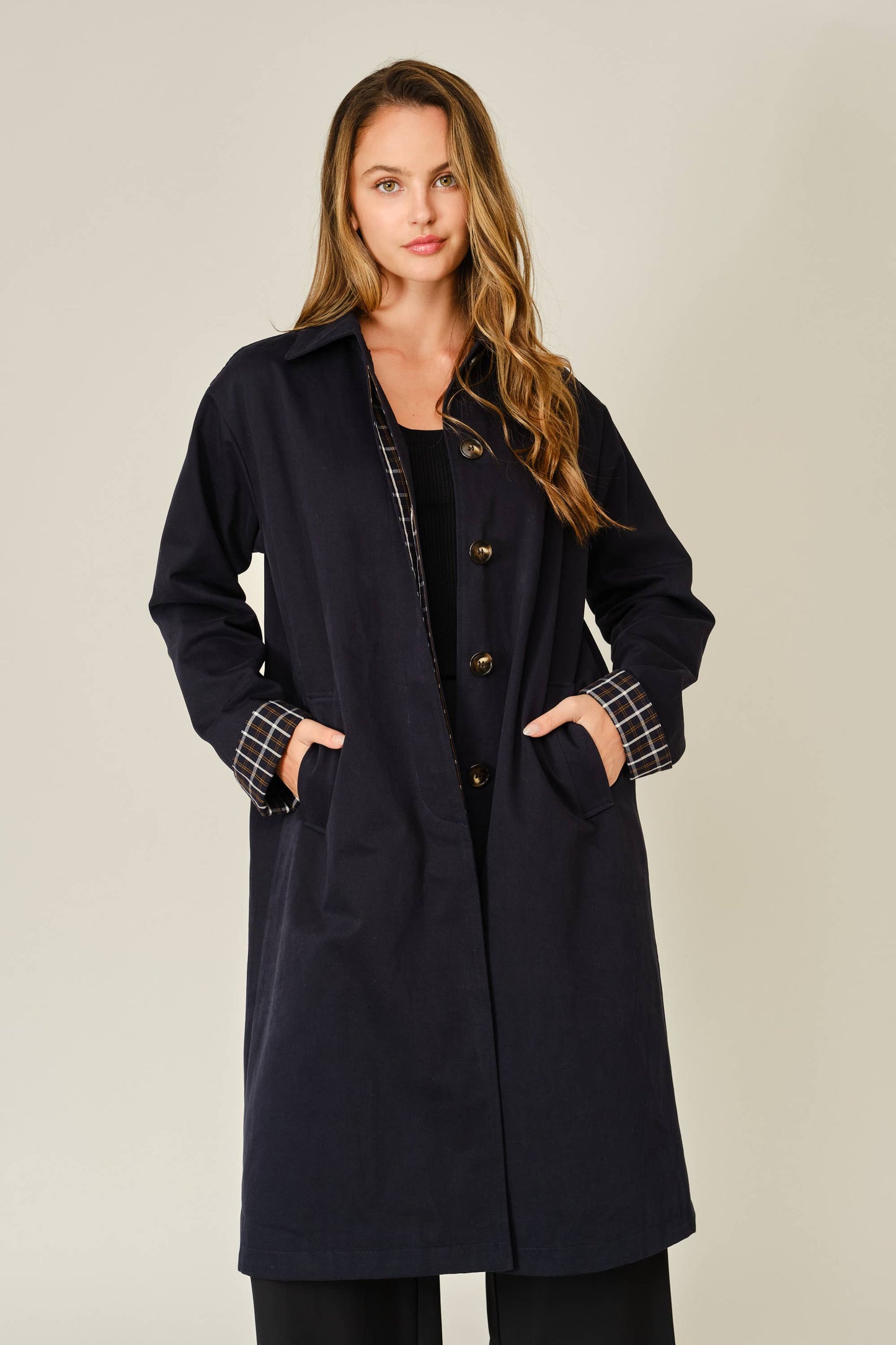 Detachable Scarf Button Down Jacket - Navy