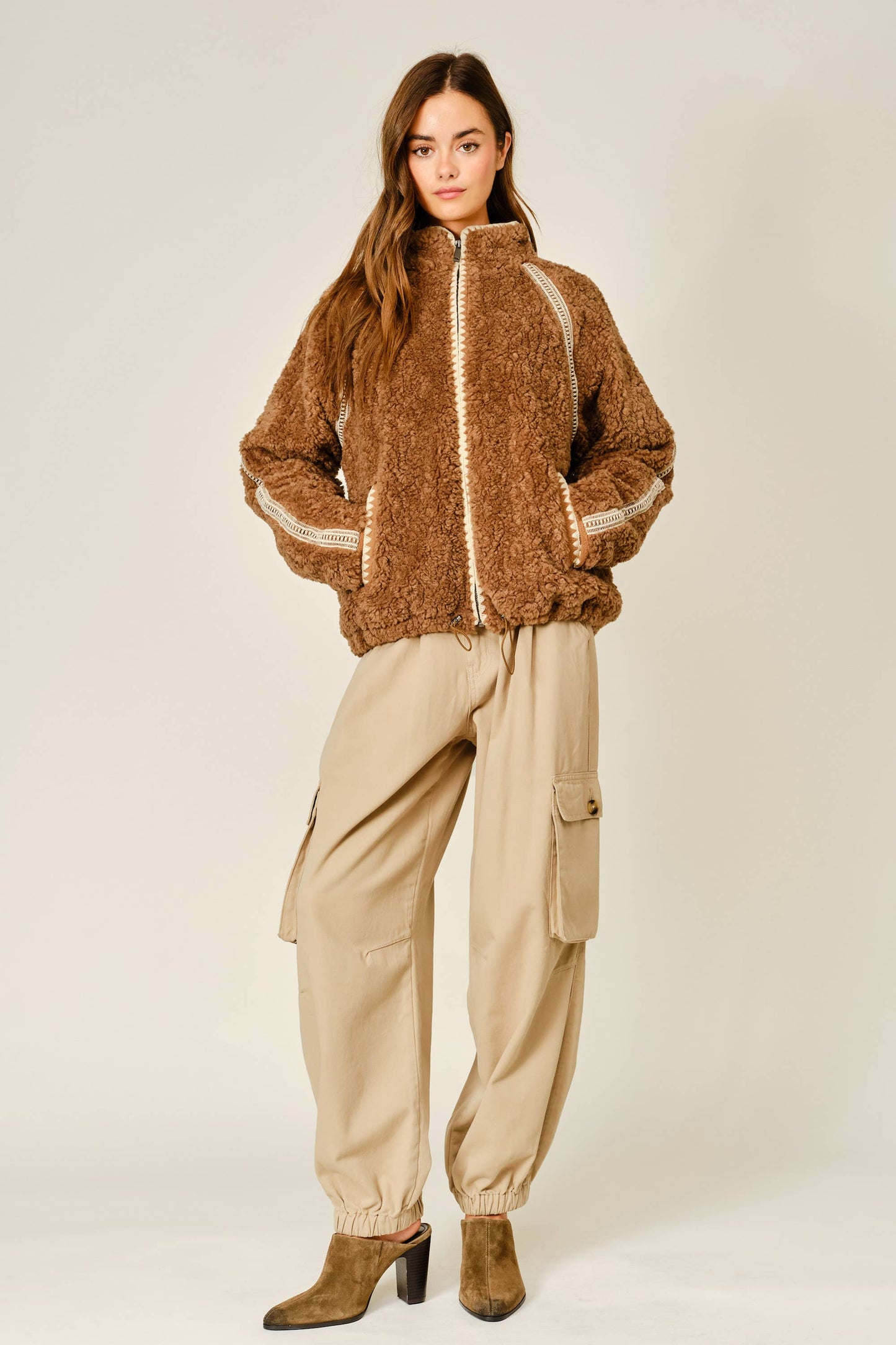 Embroidered Line Soft Teddy Fleece - Camel