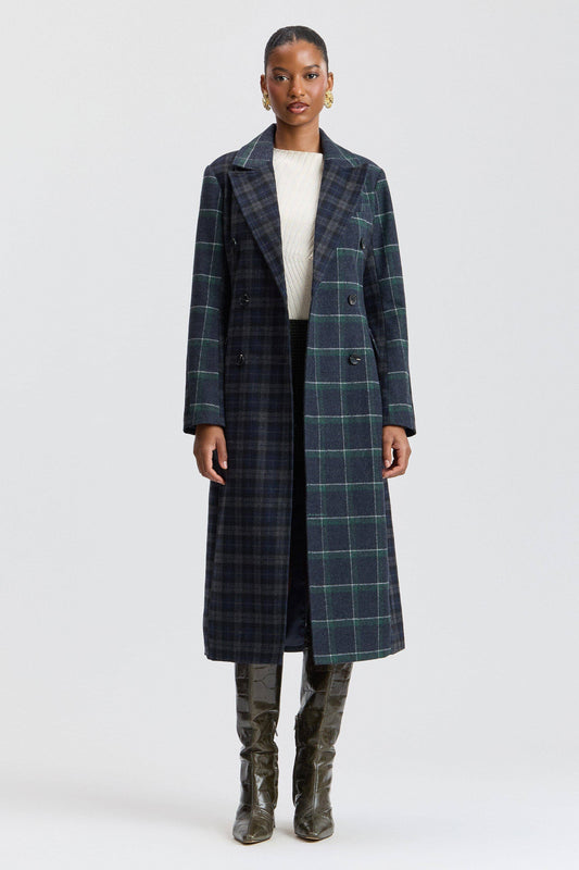Mixed Plaid Tailored Coat - Navy-Green Plaid Multi - Avec Les Filles