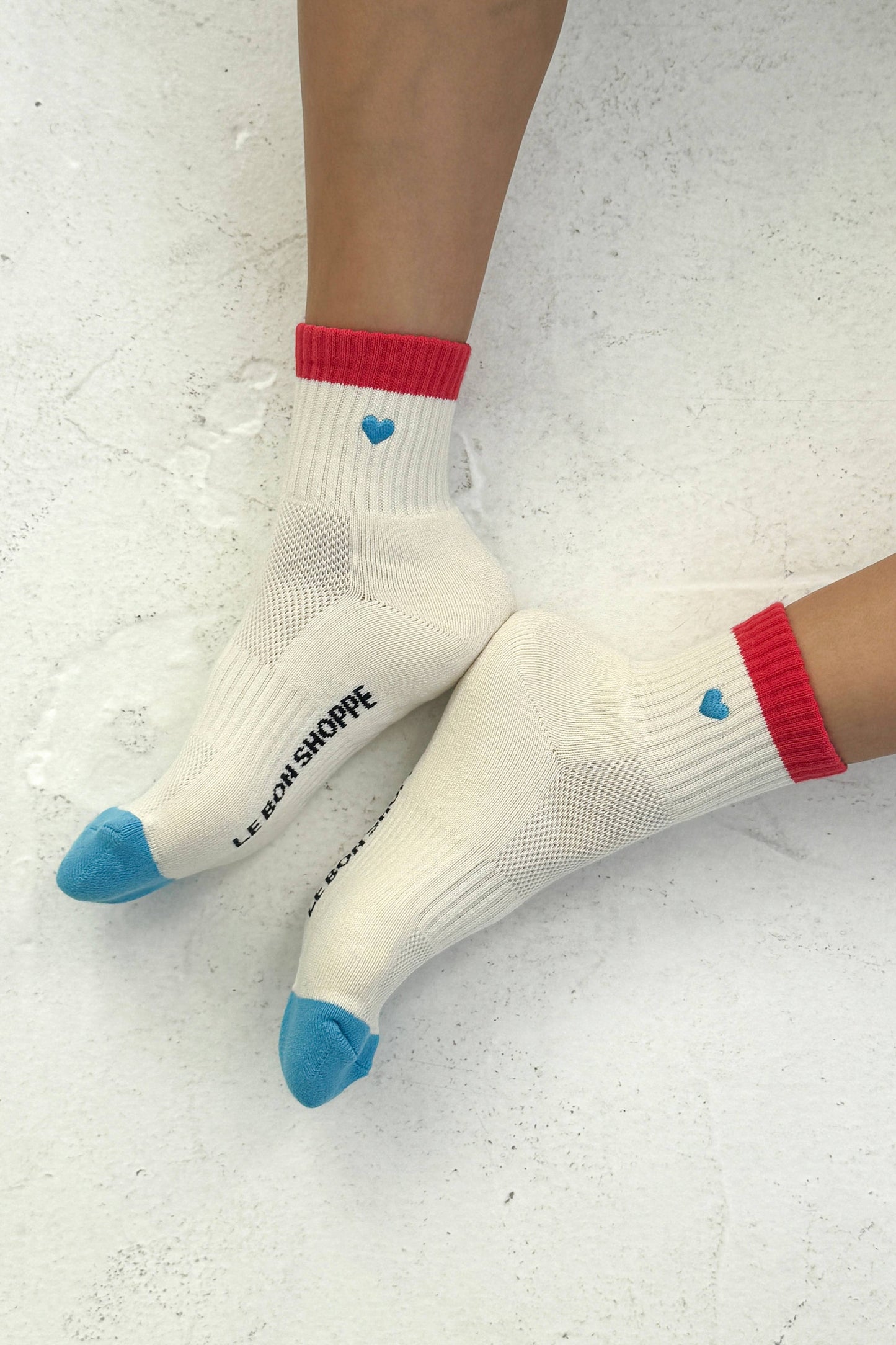 Embroidered Color Block Girlfriend Socks - Blue, Red + Heart