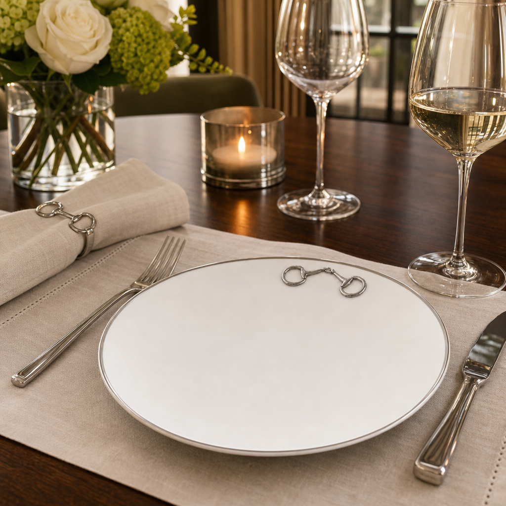 Pewter Bit Bone China Round Dinner Plate Platinum Rim
