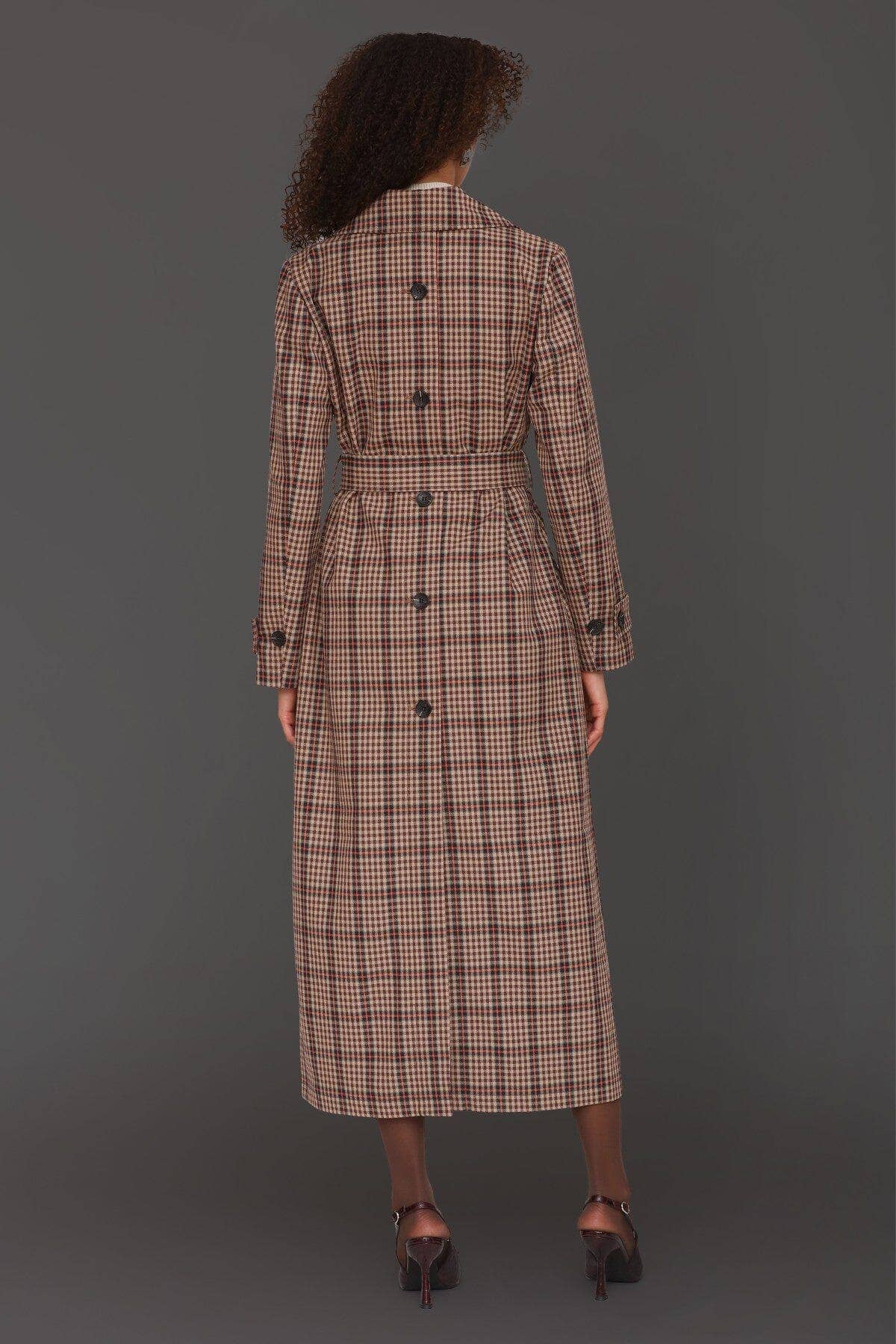 Plaid Belted Maxi Trench Coat - Brown/Orange