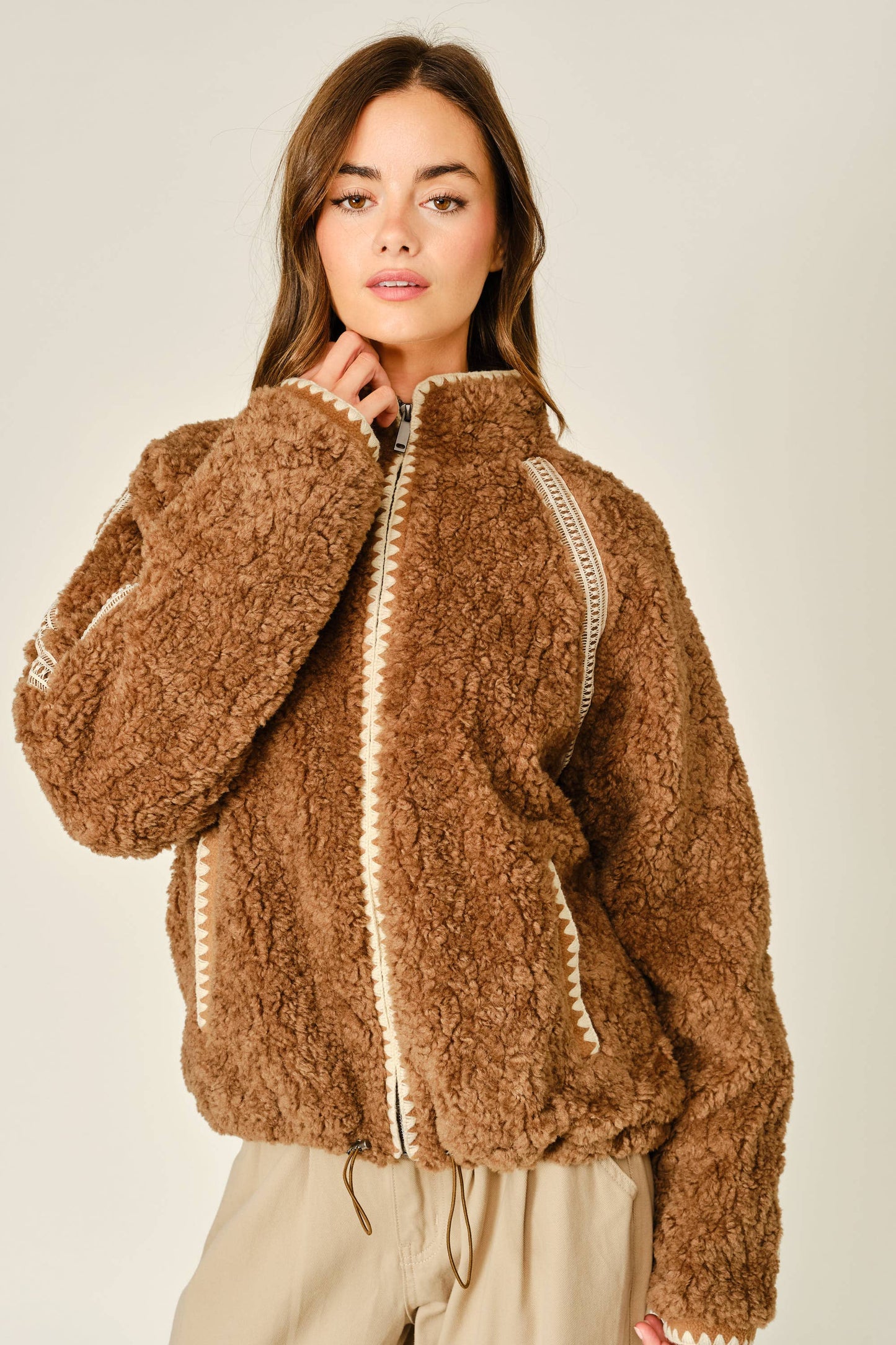 Embroidered Line Soft Teddy Fleece - Camel