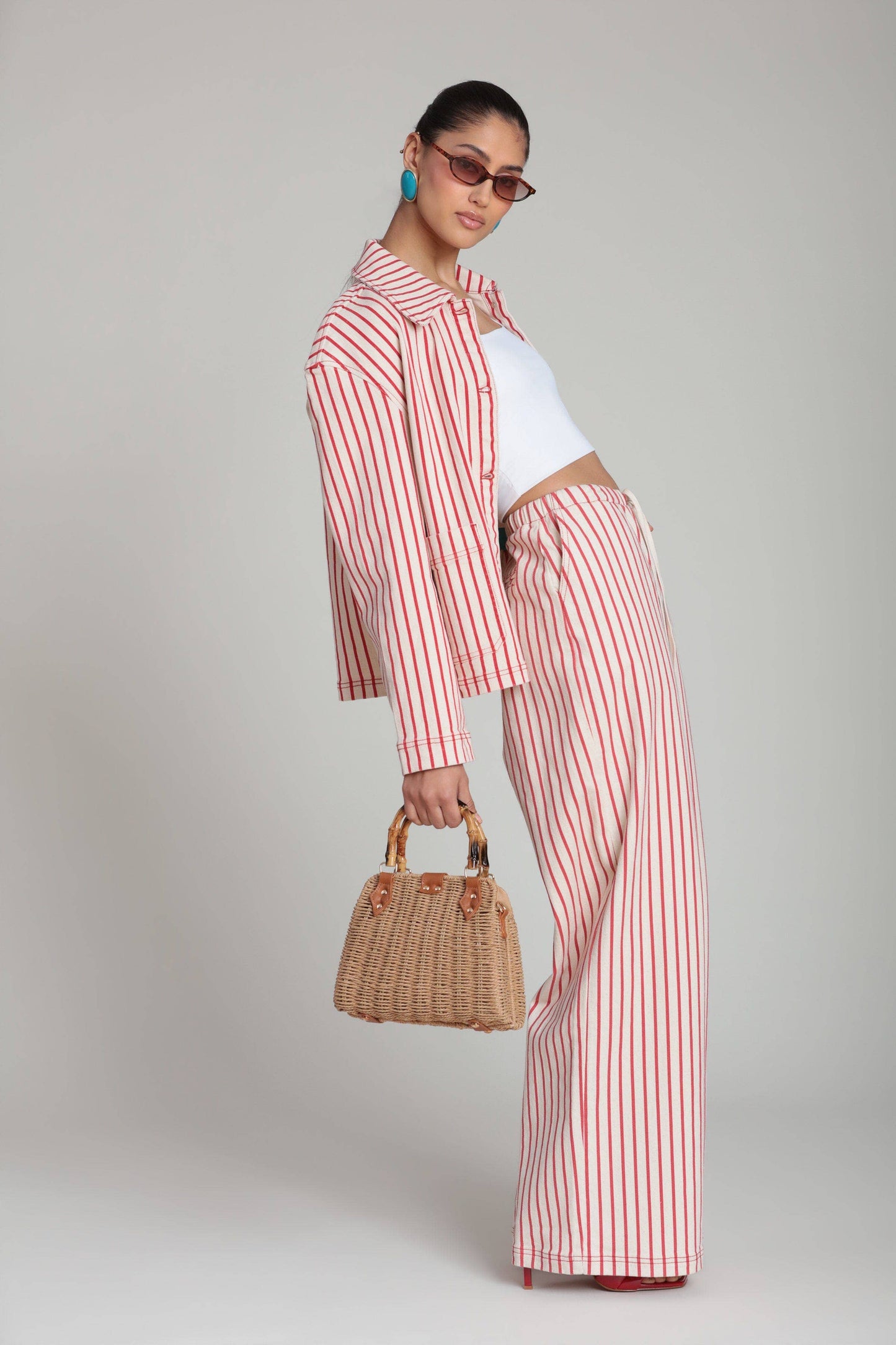 Striped Stretch Cotton Wide Leg Pants - Cream/Red Stripe