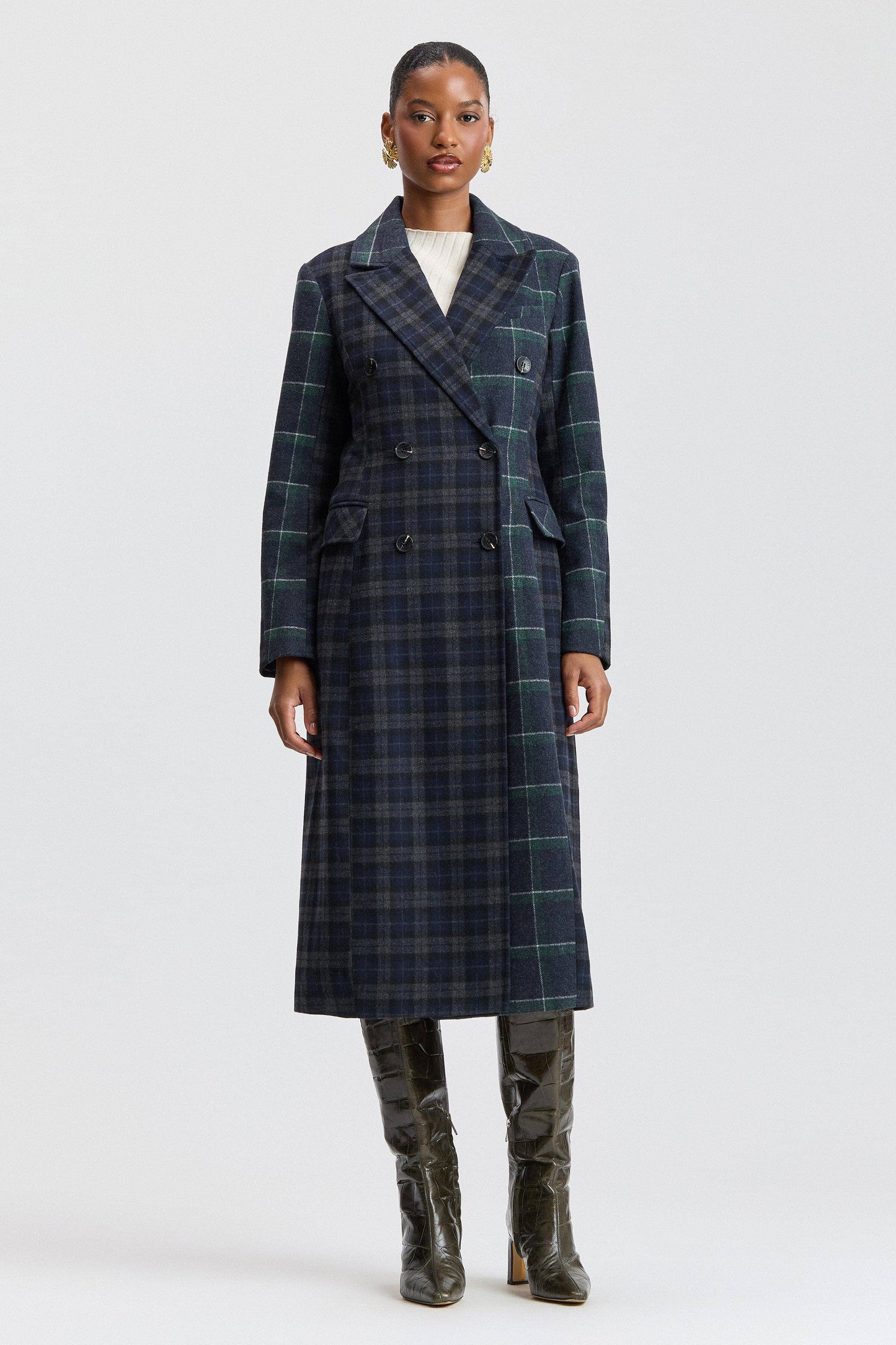 Mixed Plaid Tailored Coat - Navy-Green Plaid Multi - Avec Les Filles