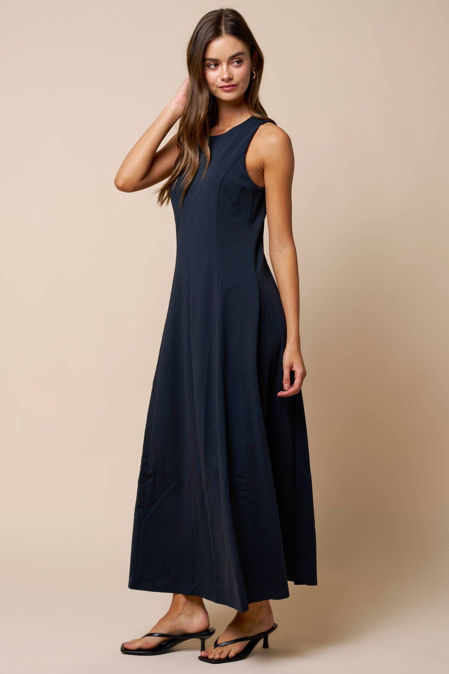 Flare Scuba Sleeveless Maxi Dress - Navy