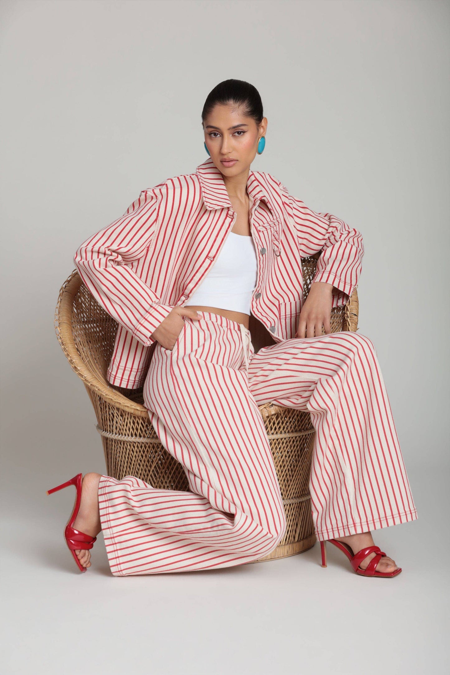 Striped Stretch Cotton Wide Leg Pants - Cream/Red Stripe