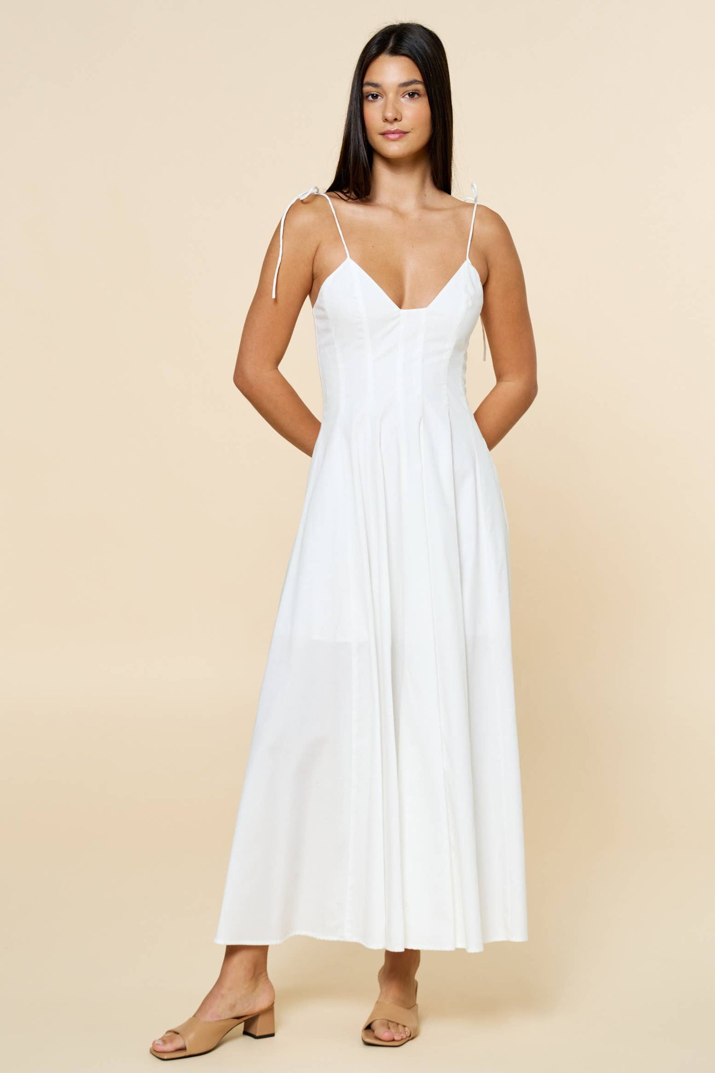 Fit & Flare Shoulder Tie Straps Maxi Dress - Off White