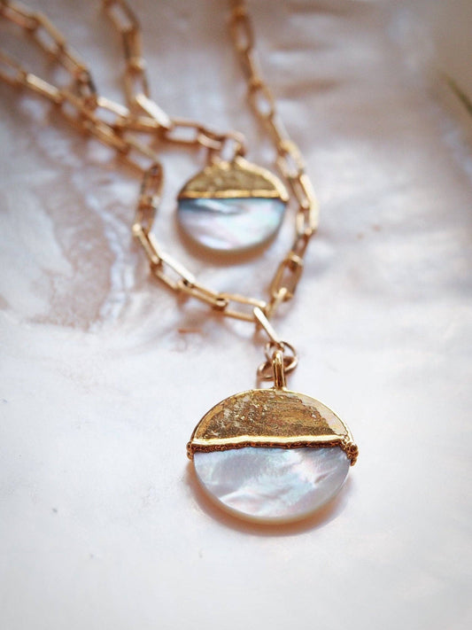 Mother of Pearl Gold Filled Coin Charm Necklace - 18 + 2 Inches - 22mm