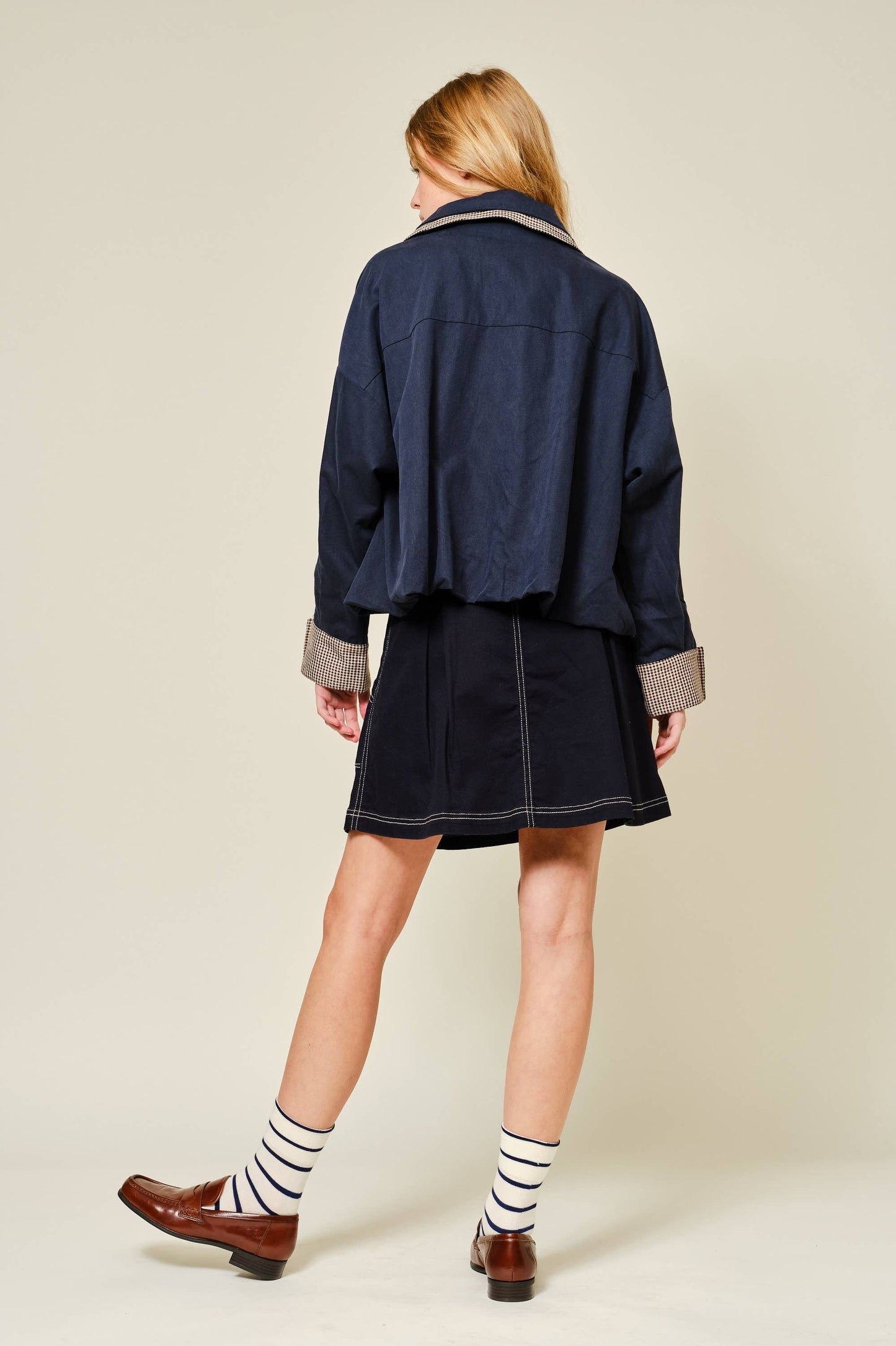 Oversized Bomber Jacket with Plaid Detail