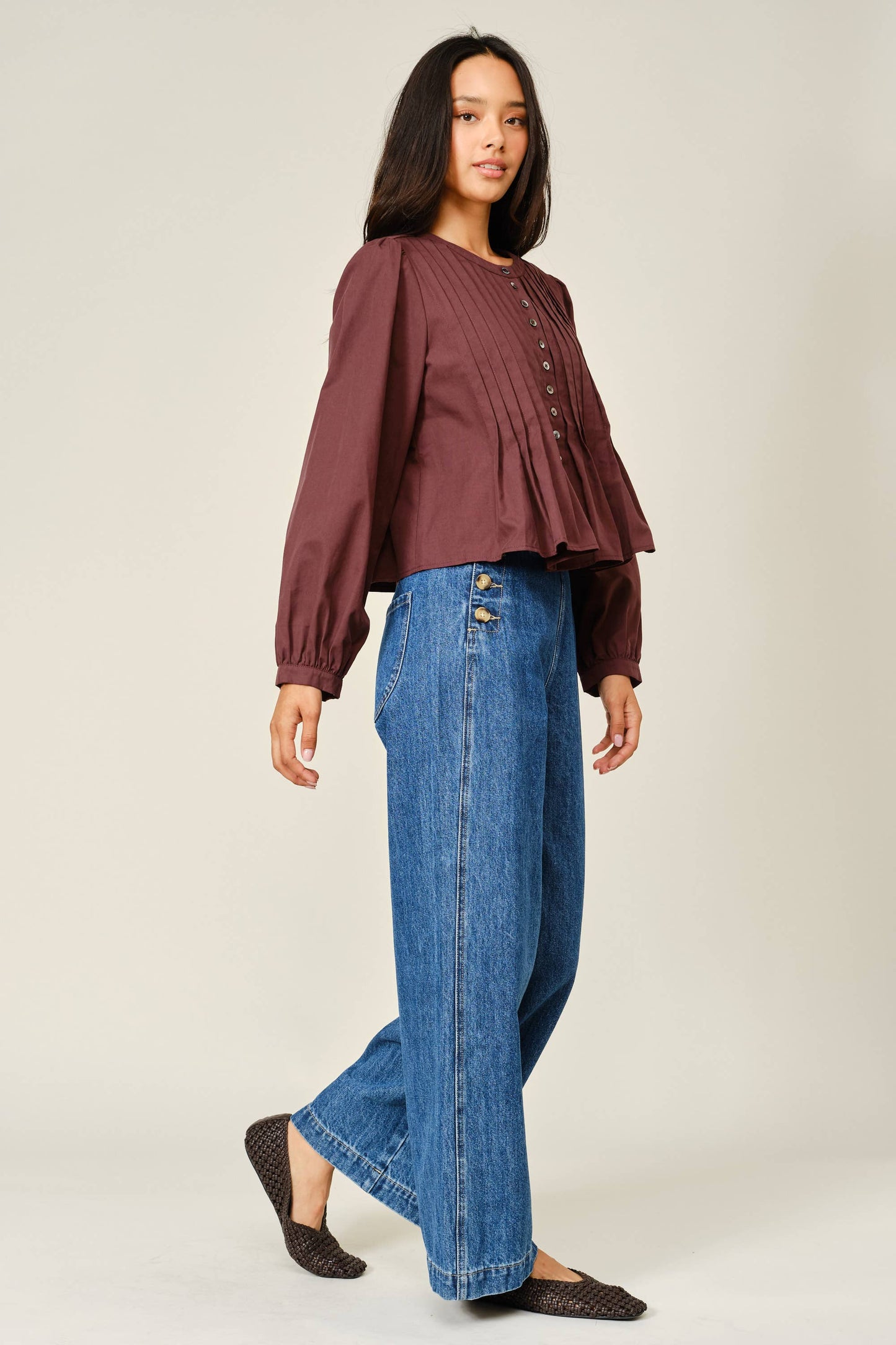 Side Button Detail Wide Leg Jeans