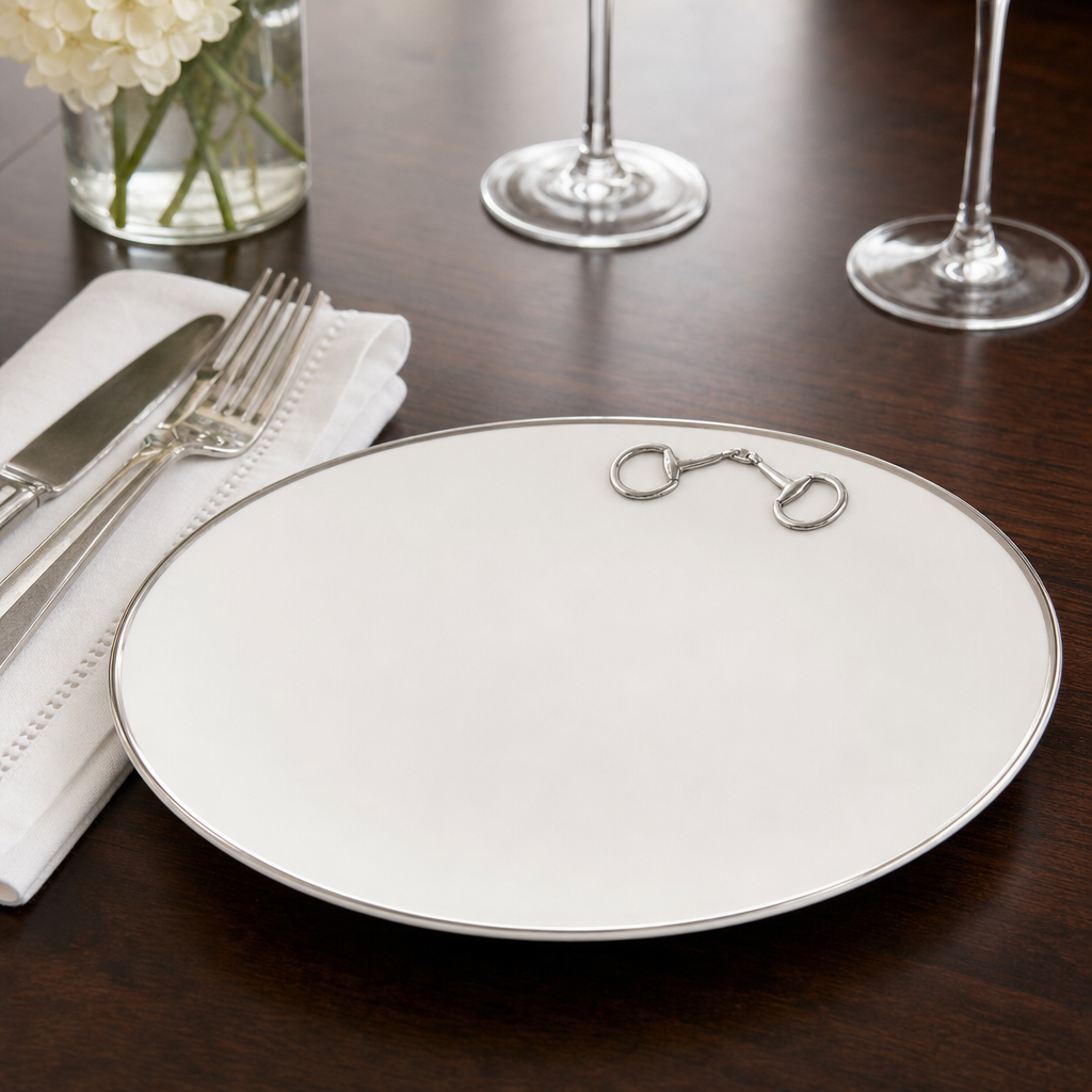 Pewter Bit Bone China Round Dinner Plate Platinum Rim
