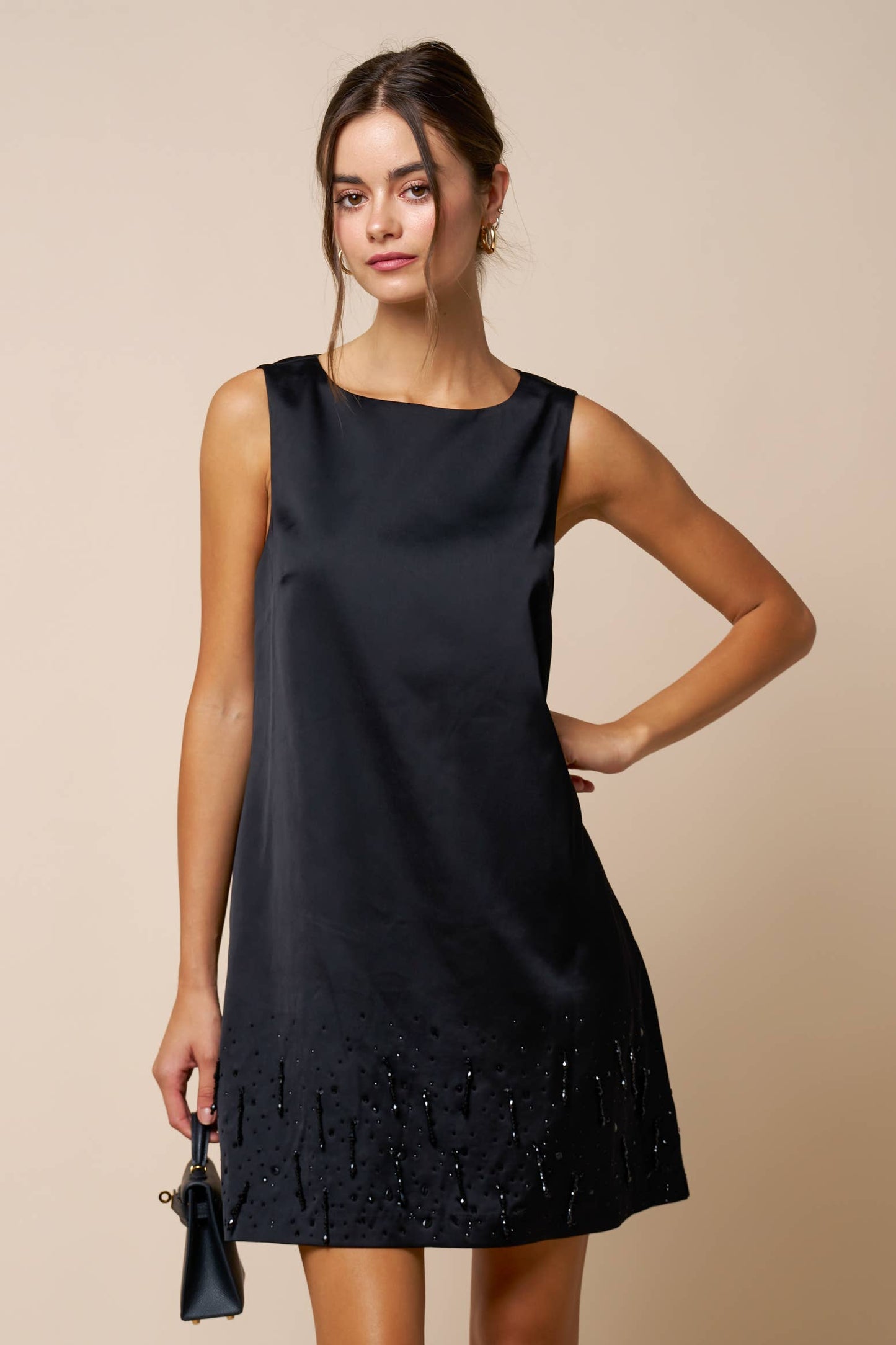 Bead Detail Satin Sleeveless Shift Dress - Black