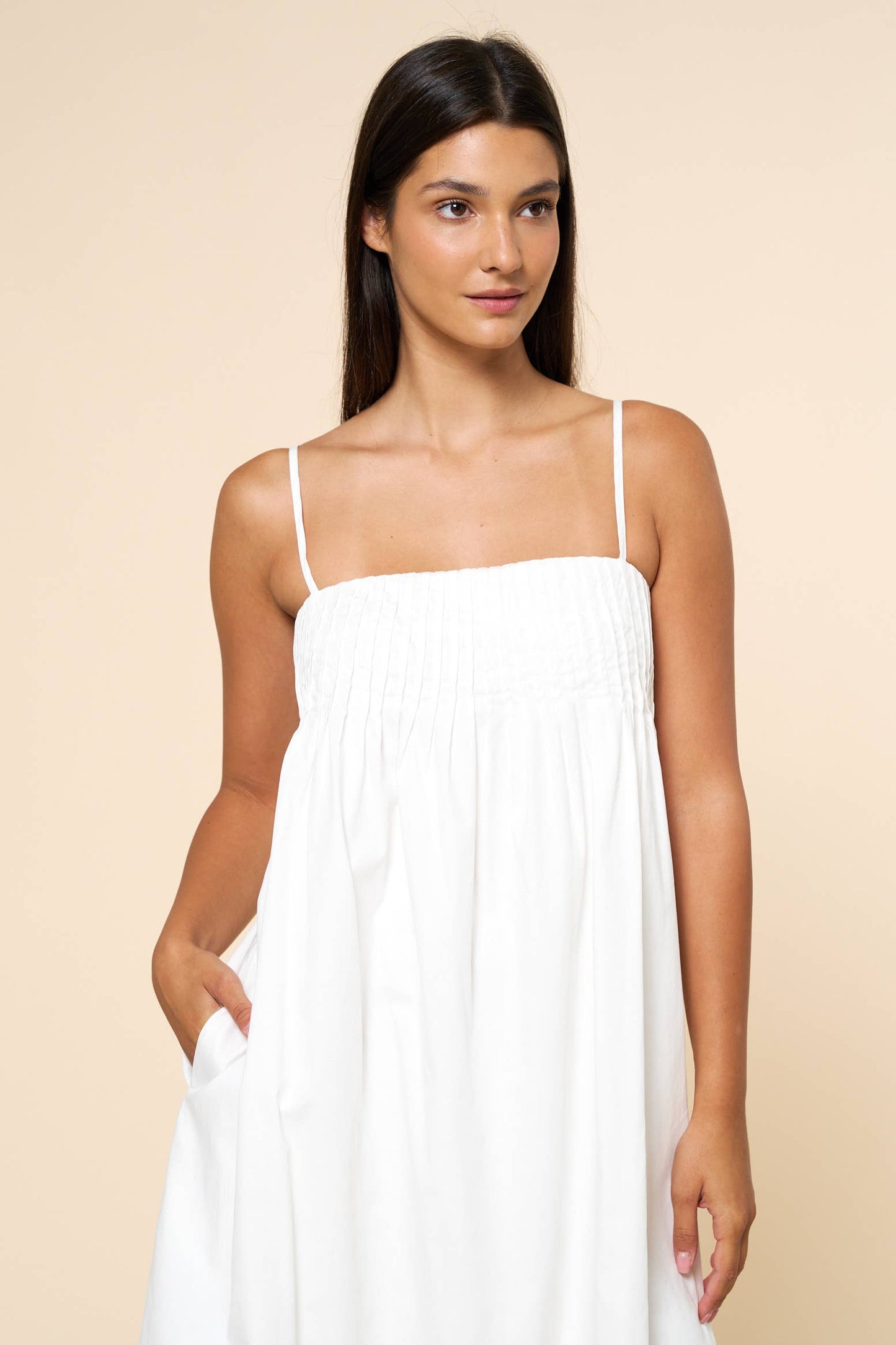 Pleated Spaghetti Straps Maxi Dress - White