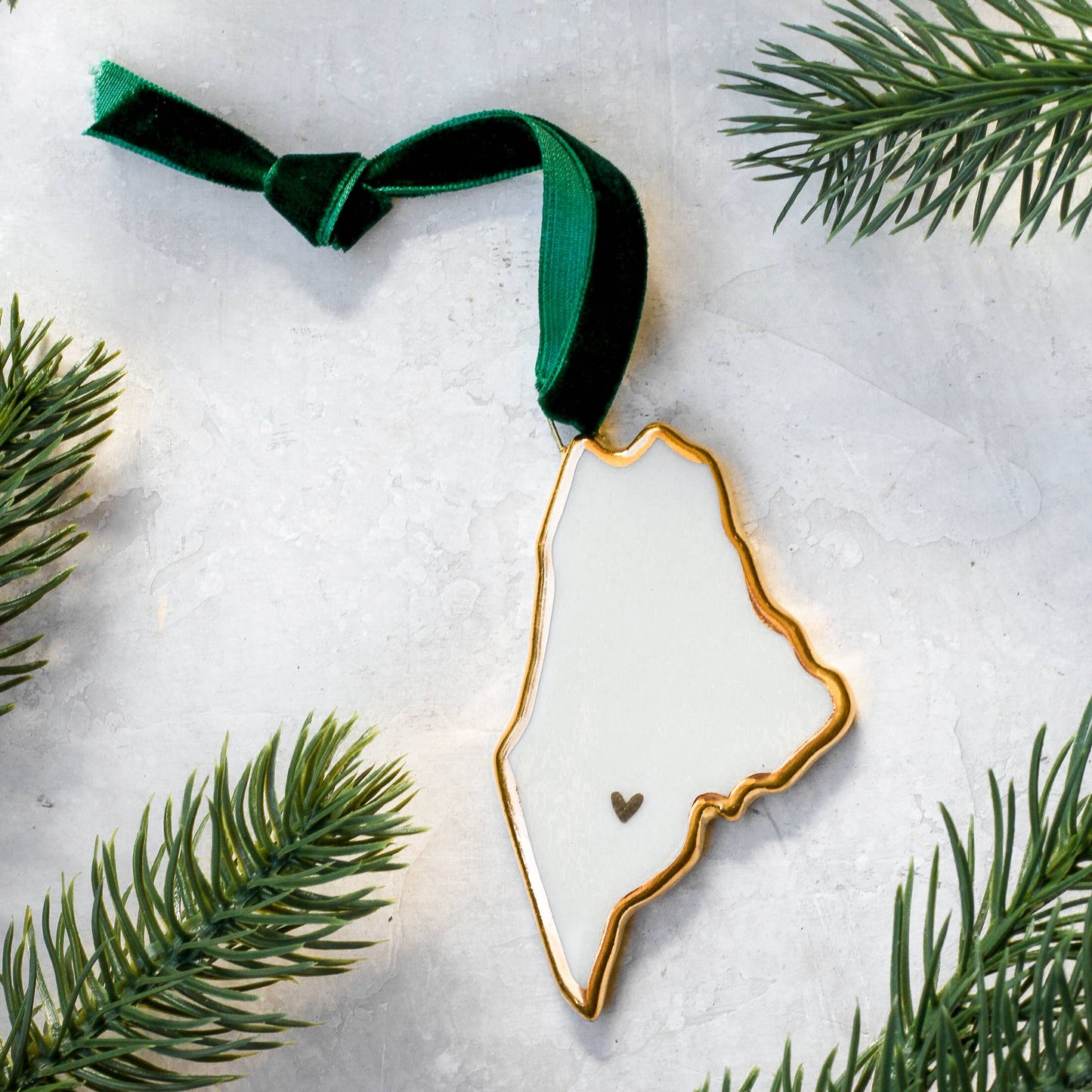 Handmade Porcelain State Ornaments with Gold Heart - Green / Rhode Island