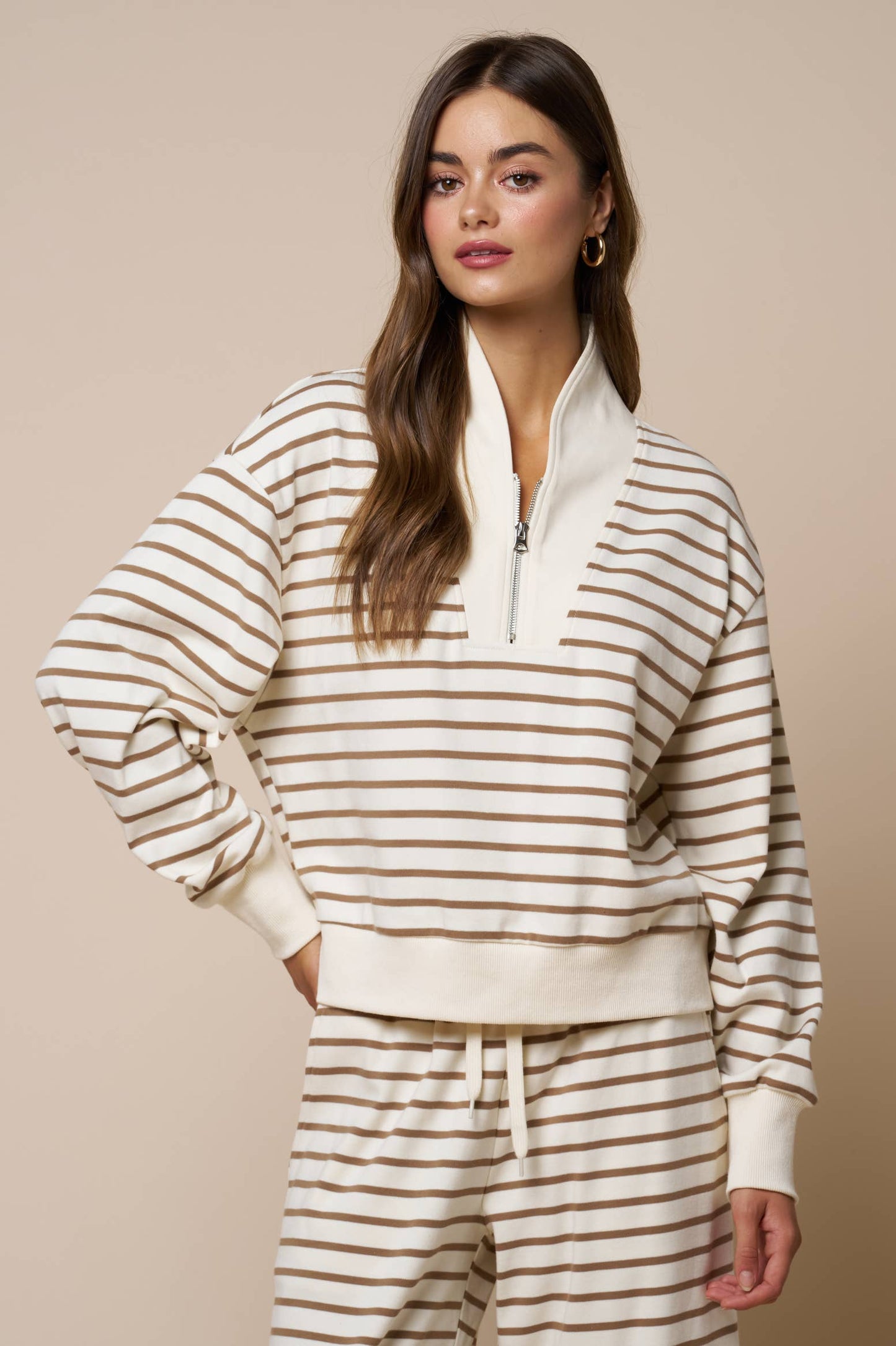 Stripe Have Zip-Up Contrast Sweatshirt - Olive/Navy