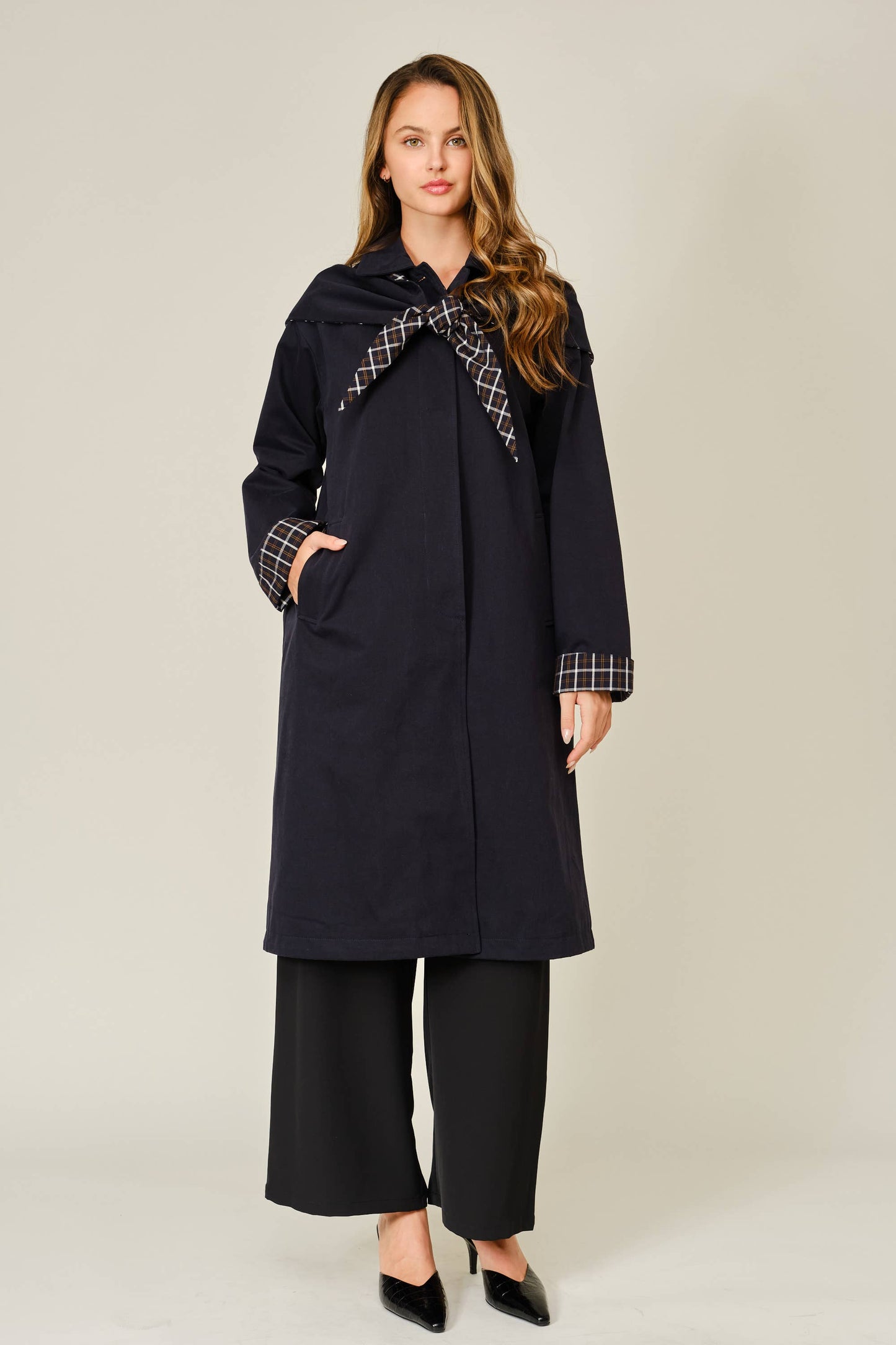Detachable Scarf Button Down Jacket - Navy