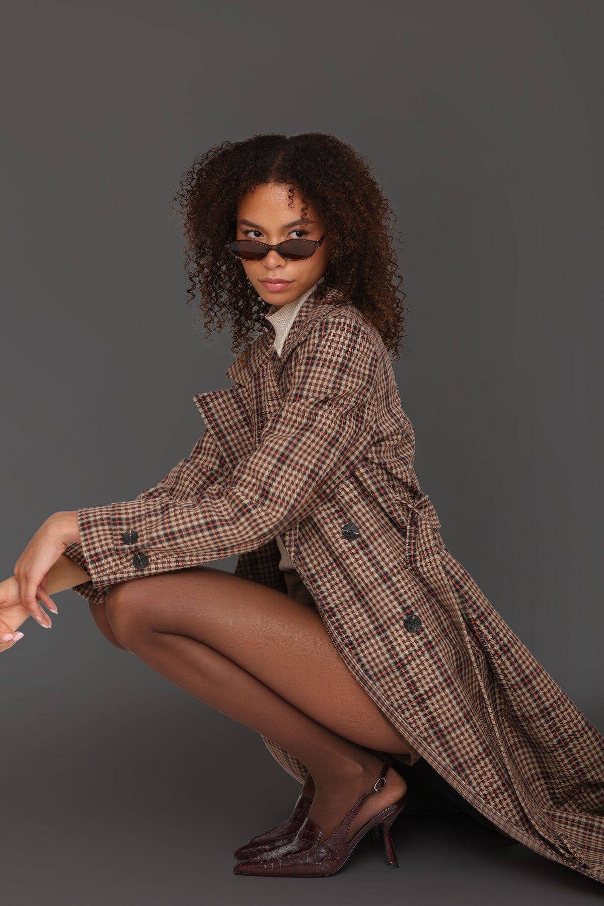 Plaid Belted Maxi Trench Coat - Brown/Orange