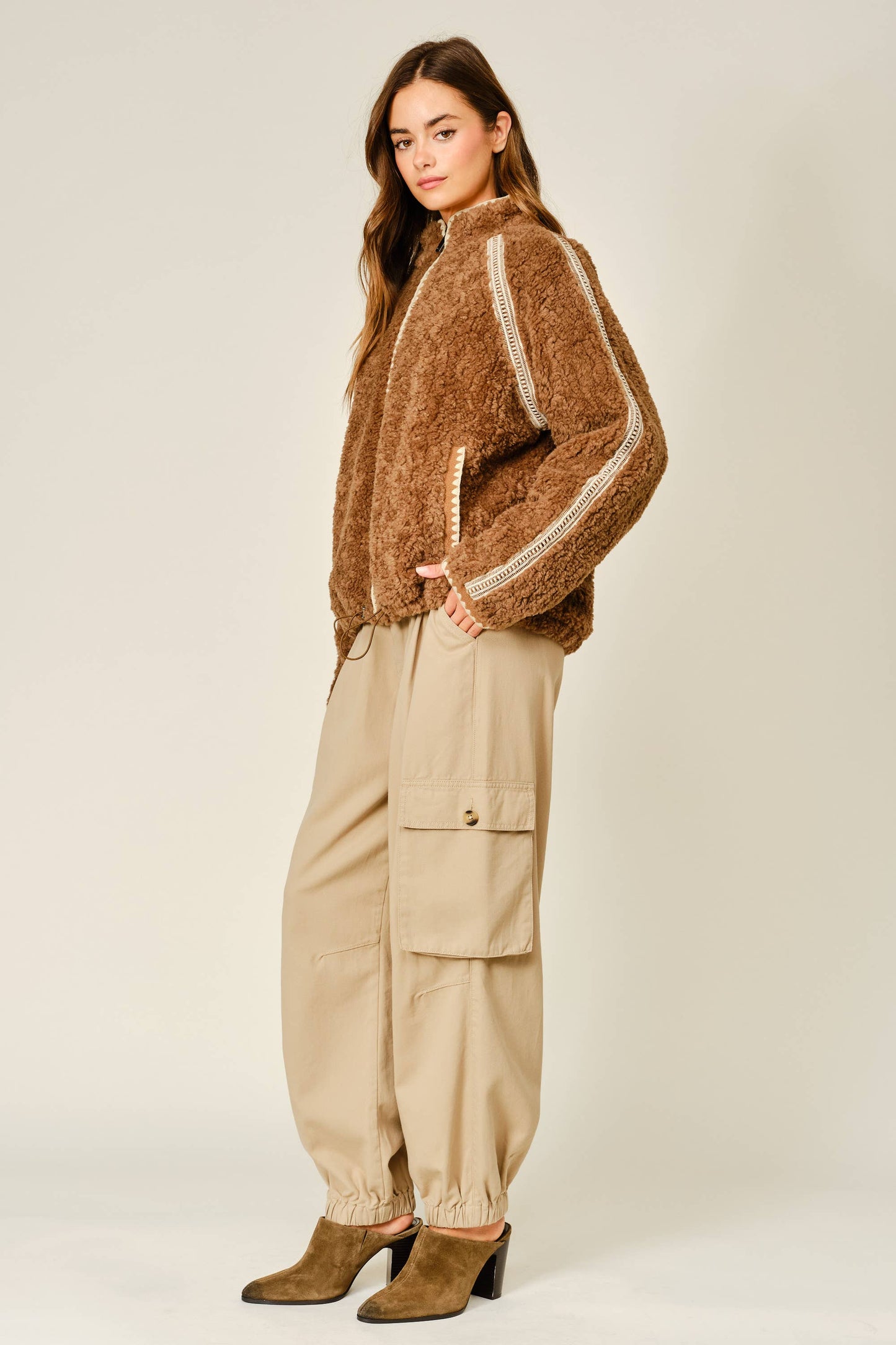 Embroidered Line Soft Teddy Fleece - Camel