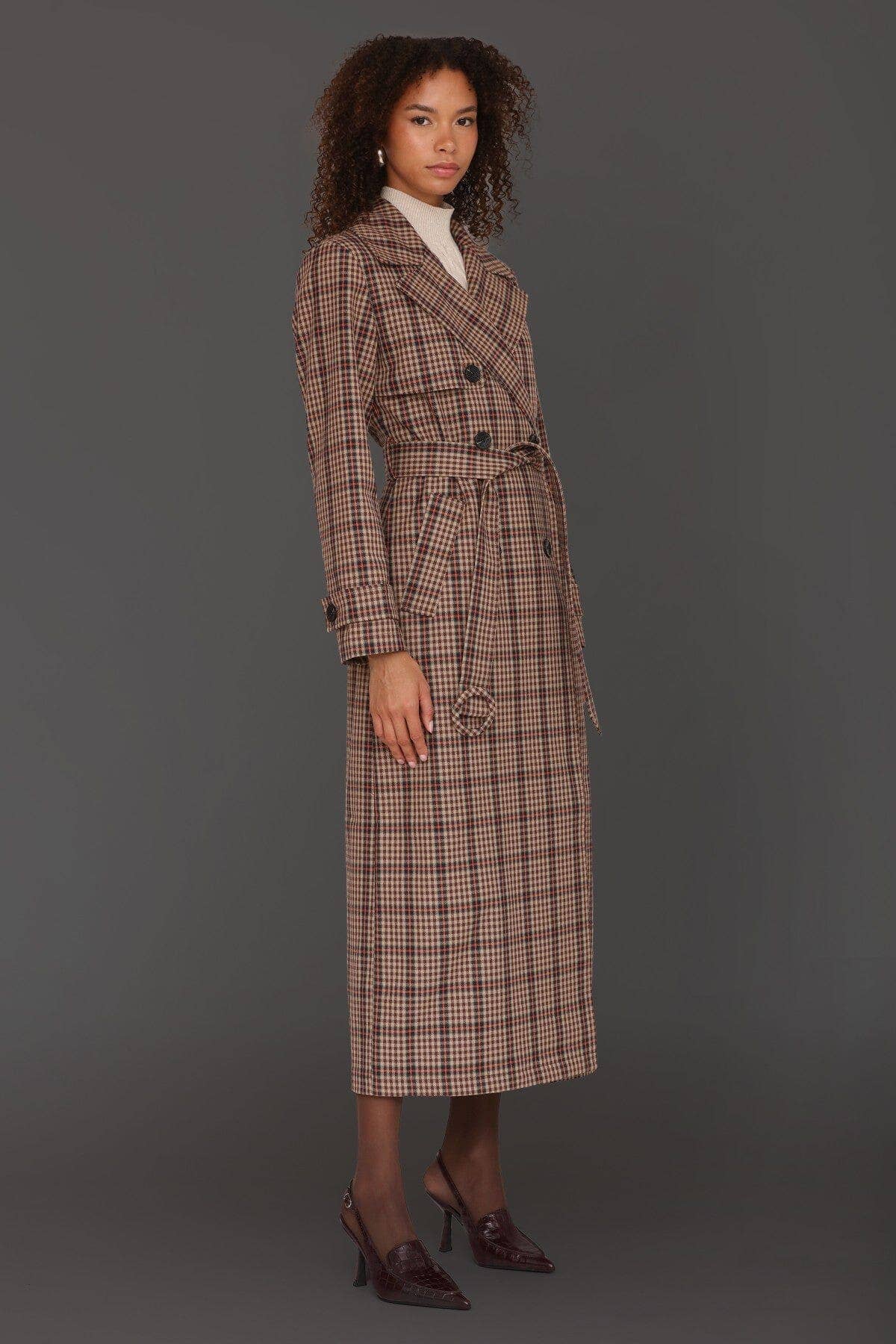 Plaid Belted Maxi Trench Coat - Brown/Orange