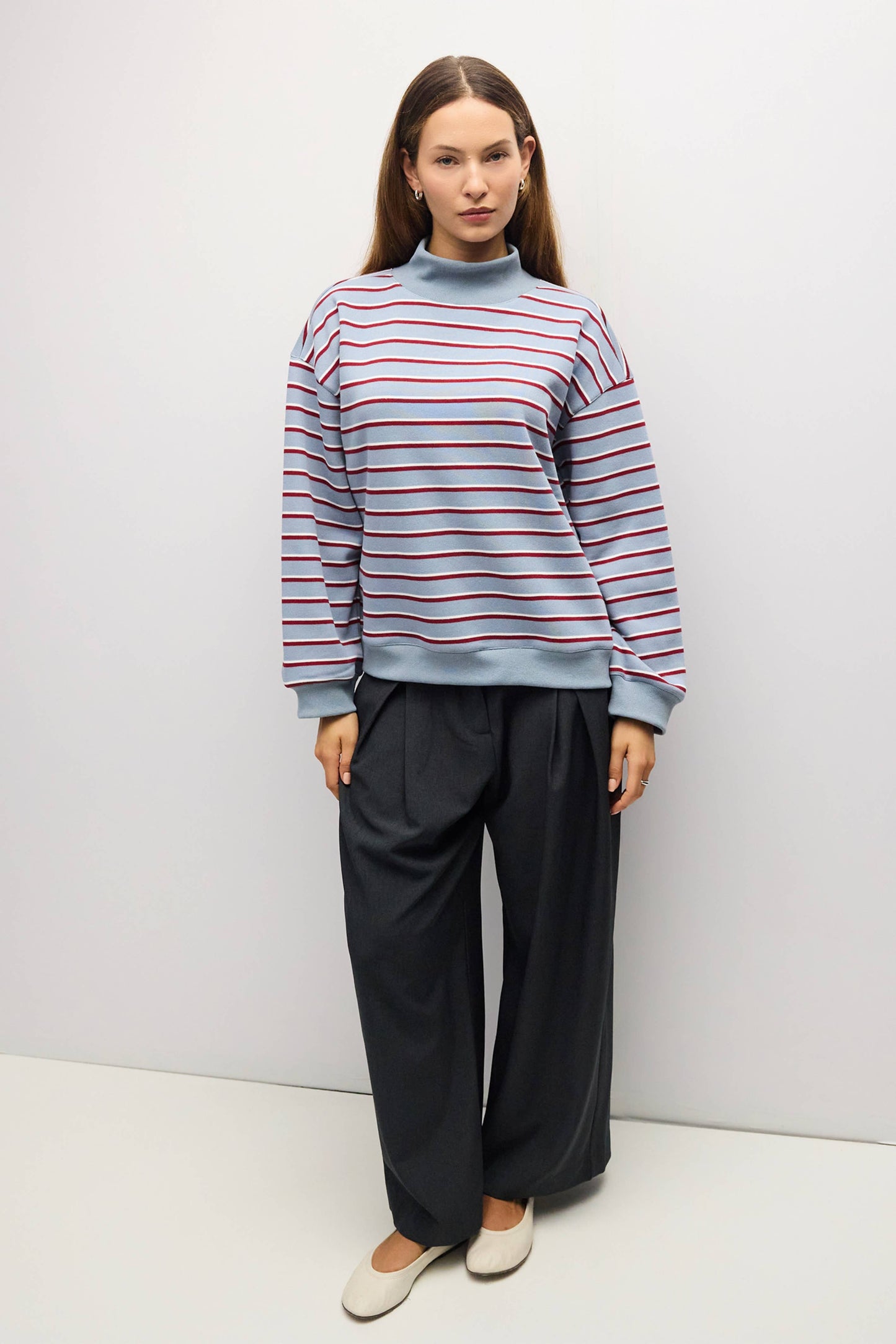 PREORDERThe Charlie Sweater Mock Neck Striped Sweater - Blue-Burgundy-White