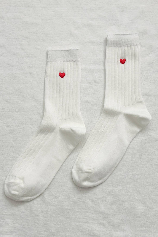 Embroidered Her Socks - Cotton Rib - Classic White + Heart